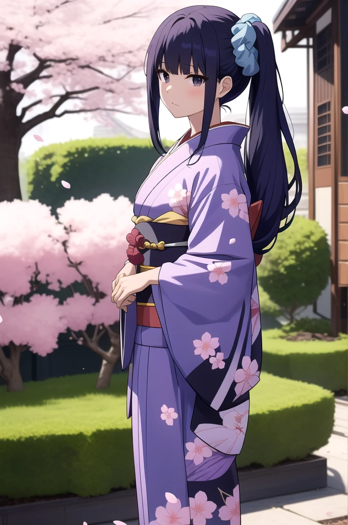 standing, outdoors, garden, cherry blossoms, kimono, black hair, very tied hair, blue scrunchies, hair, purple, blue hair, black eyes, gundou_misuzu, misuzu_gundou, side Ponytail