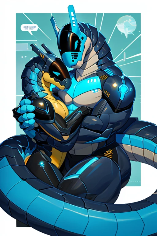 best quality, masterpiece work, high quality, synth (vader-san), lizard, cuddle robot, support person, very cuddly, male cute, Gigachad Muscular, sexy muscular, thick thighs, Long tail, cute costume, cuddling a female synth, bedroom background, cyan LED eyes