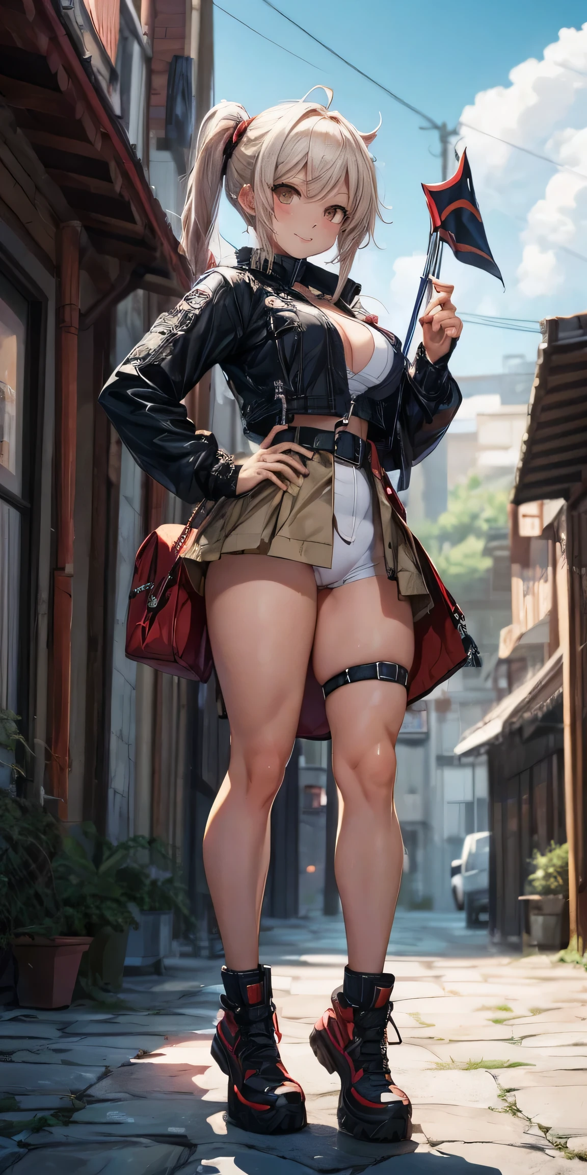 a woman standing at a symmetrical low angle, from below, barefoot, smiling lustfully with red blush, hands on hips, big knockers (high quality, best render), (beautiful girl, cammy)
score_9, score_8_up, score_7_up, source_anime,
BREAK,
(masterpiece, highest quality, ultra high resolution, fine eyes, detailed face),
estelle, cropped jacket, green shoulder pad, tan shirt, Orange skirt, belt, Brown handbag, white stockings, twin talis,
Upper body, smile, looking at the viewer, walk,
wide cobblestone road surrounded by forest, gaslight, white flower bed,
Straight Rod, holding the rod handle,
BREAK,
1girl, solo, happy, looking at viewer, full body,
BREAK,
asamura hiori
BREAK,
1girl, outdoors, sky, clouds, distant mountains, full body , shoes, 8K, 1girl, adult, smile, (blush), (shy), looking at viewer, dynamic angle, wind, game cg, fantastic scenery, bulge, bulge in shorts, femboy, bulge in panties, bra