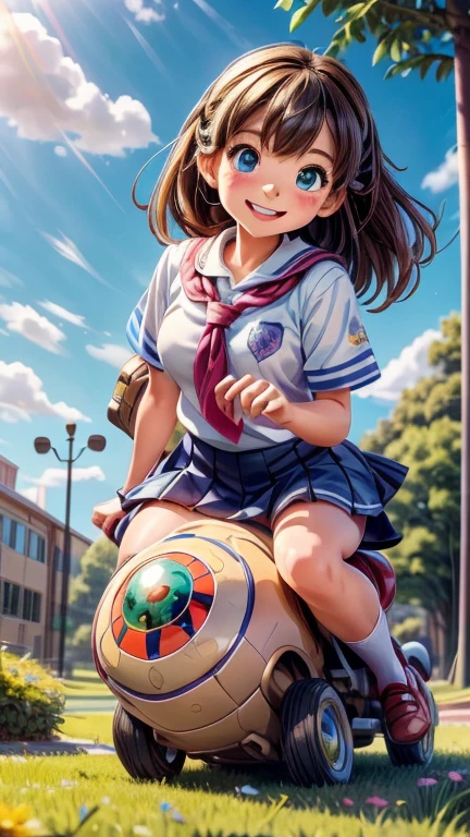 a cute  girl, riding a giant ladybug to school, detailed face and eyes, school uniform, smiling, outdoor scene, lush green grass, blue sky, fluffy clouds, sunlight, high quality, digital painting, intricate details, photorealistic, vibrant colors, soft lighting