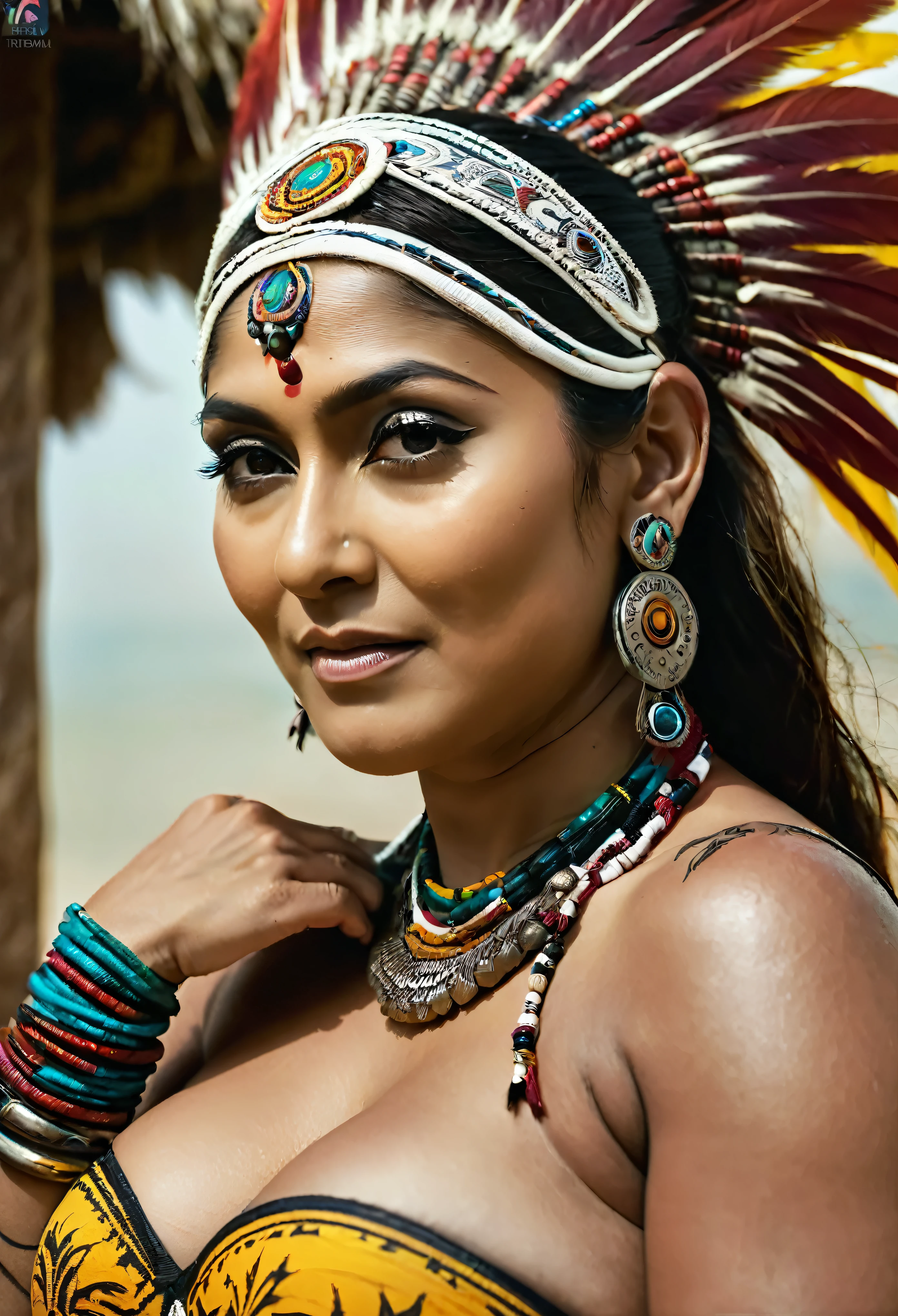 Foto RAW, skin glistening by sweat, looks like Nayanthara, thick figure, curvy, milf, 50 years old Woman, tattoo in the middle of her breast, with realistic Indian headdress , tribal girl, stunning looks, tribal headdress, tattoos, colourful tribal tattoos, tribal white girl, Polynesian tribe, best quality , best cinematic colour grading, detailed lighting,  high resolution  , (pele altamente detalhada: 1.2), 8k UHD, DSLR, soft-lighting, alta qualidade, grain of film, Fujifilm XT3, highly detailed armpits, armpits hair,  fully naked, nipples covered by hai, skin pores, skin texture, high quality skin, 