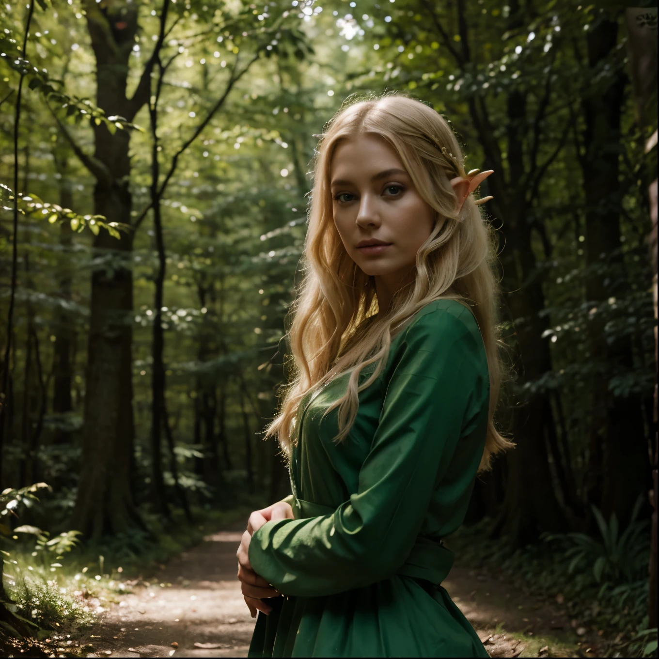 blonde woman in a forest and a green dress, Very beautiful elven supermodel, Fille elfe, séance photo fantastique, magnifique elfe des bois, portrait d'un elfe, forest fairy, fairy queen of the forest'Summer, a portrait d'un elfe, Female Elf, princesse elfe,elle a des oreilles d'elf and golden eyes, Photo de personnage fantastique, elle tien un arc dans la main, style d'anime