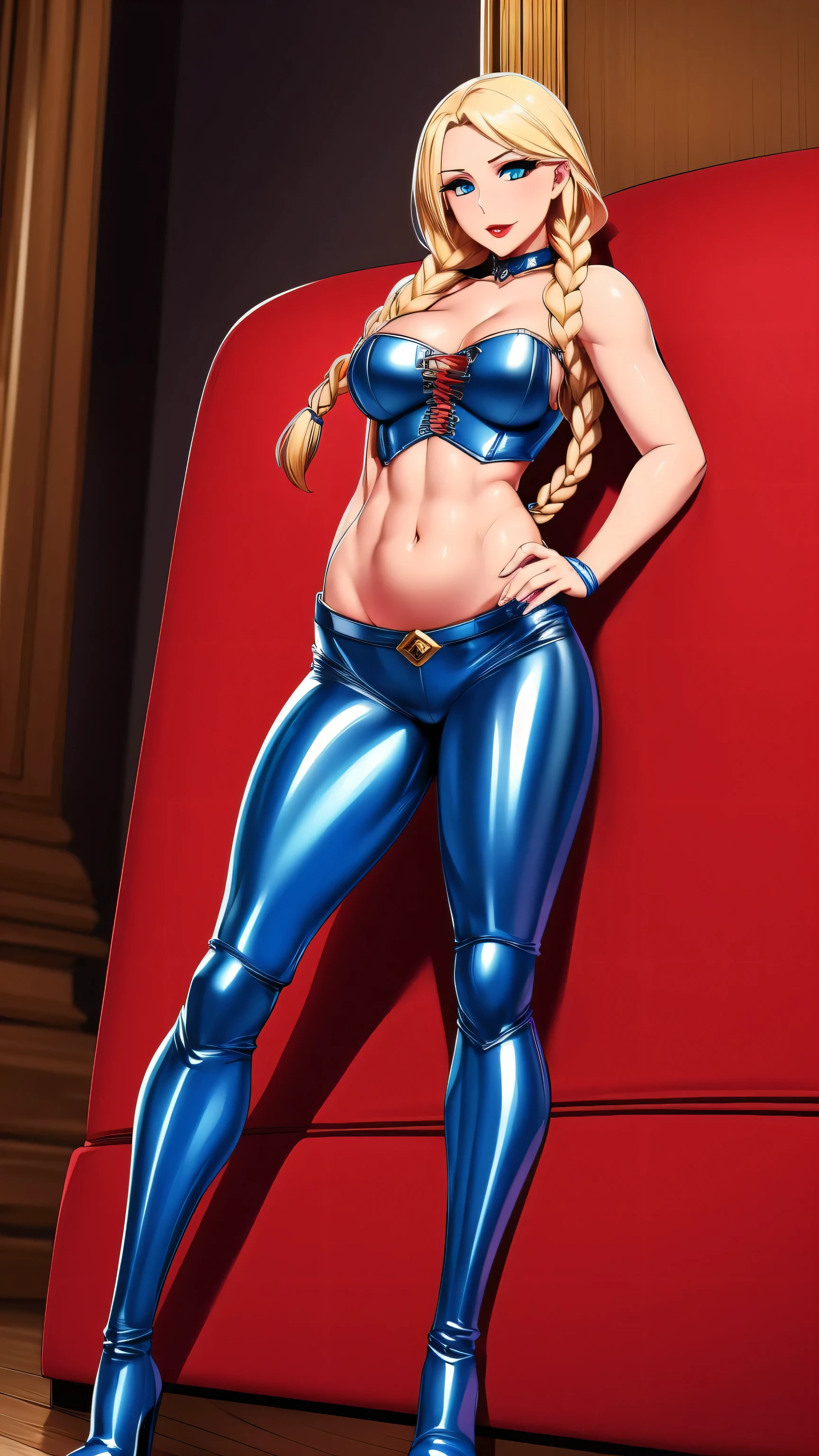 A sexy girl with a big chest, blonde hair, long braids, her blue eye, her red lip, she wears a metallic blue corset, shows her navel, and metallic blue pants, light blue boots, light blue metallic gloves. 