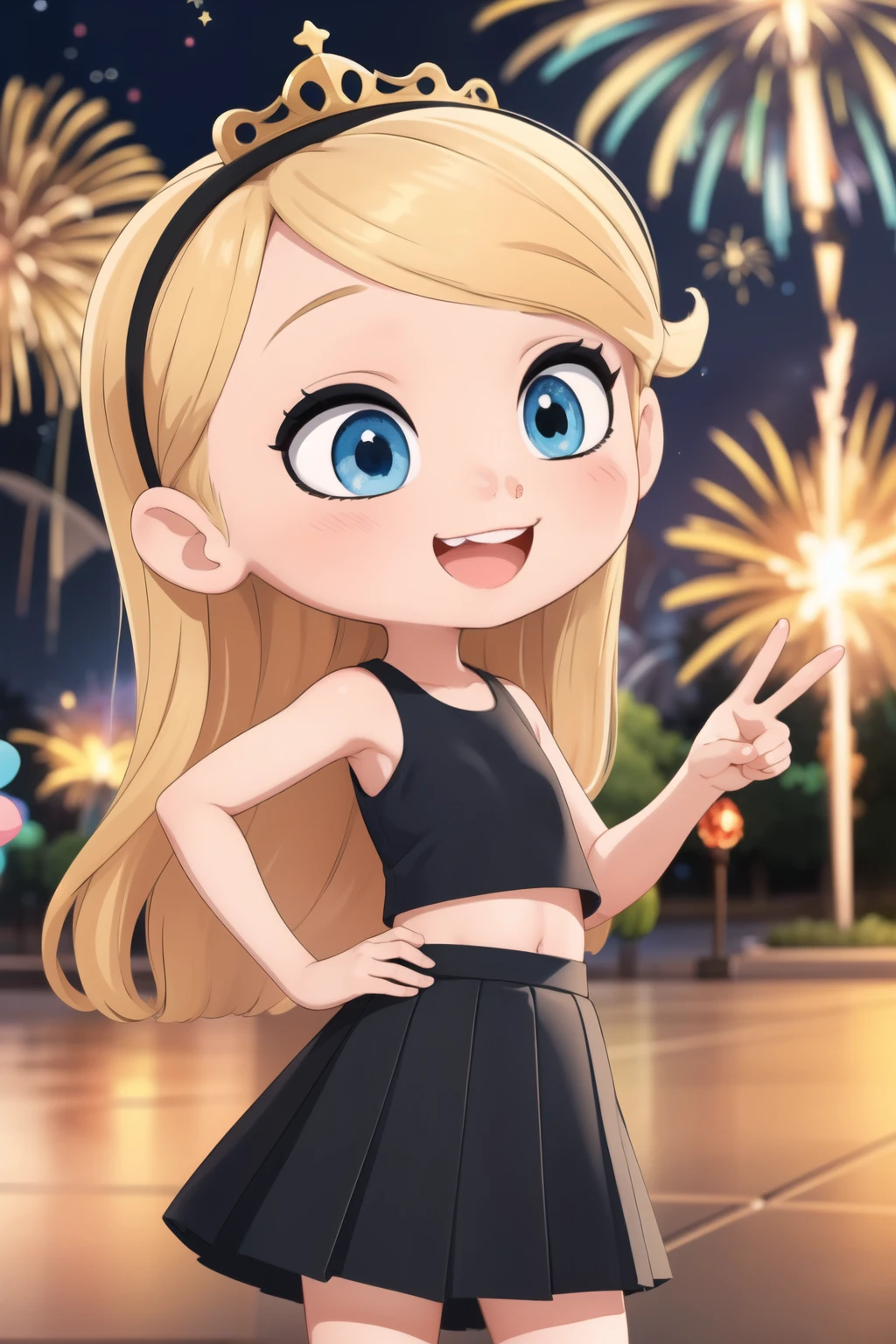 ((masterpiece, best quality)),1girl, solo,, yellow princess tiara, penny peterson, long blonde hair, blue eyes, black sleeveless crop top, black pleated skirt, white trimmings, a cute smile, excited, laughing, kawaii, peace sign, vibrant, rainbows, 4k, blue bubbles, stars, fireworks, best shadows, watercolor,
