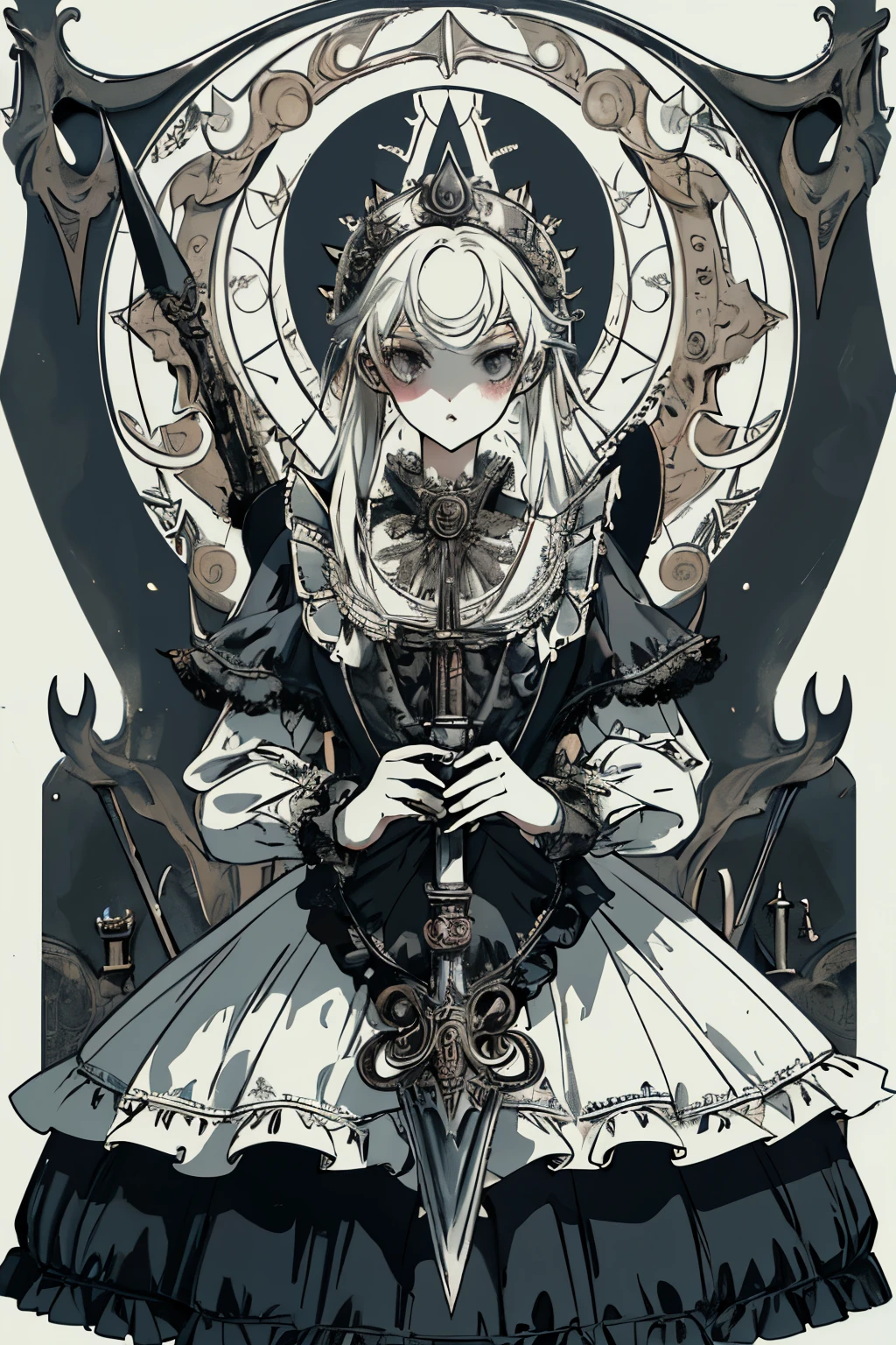 ((best quality)), ((masterpiece)), (detailed), perfect face ((best quality)), ((masterpiece)), (detailed), blank white background, plain background, white background, Bloodborne inspired,  occult aesthetic, occult, detailed and intricate steampunk and detailed gothic, (zentangle, mandala, tangle, entangle),  NSFW, torn clothing, Very dramatic and cinematic lighting, cosmic horror, grim-dark, side-lighting, perfect face, a beautiful goddess adorned and enshrined in armour, Bloodborne inspired , occult aesthetic , occult , detailed and intricate steampunk and detailed gothic , wielding a sword and holding a shield, NSFW, Fluttering lace flared long knee length dress with frilly petticoats, knee length dress, pleated petticoats, lolita dress, petticoats gothic lolita, side-lighting, gothic lolita aesthetic, beautiful small breasts, small breasts, full body, whole body, body, plain background, white background, blank background, no background, white background NSFW, full body, whole body, head-to-toe