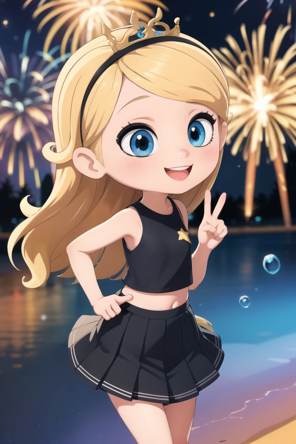 ((masterpiece, best quality)),1girl, solo,, yellow princess tiara, penny peterson, long blonde hair, blue eyes, black sleeveless crop top, black pleated skirt, white trimmings, a cute smile, excited, laughing, kawaii, peace sign, vibrant, rainbows, 4k, blue bubbles, stars, fireworks, best shadows, watercolor,
