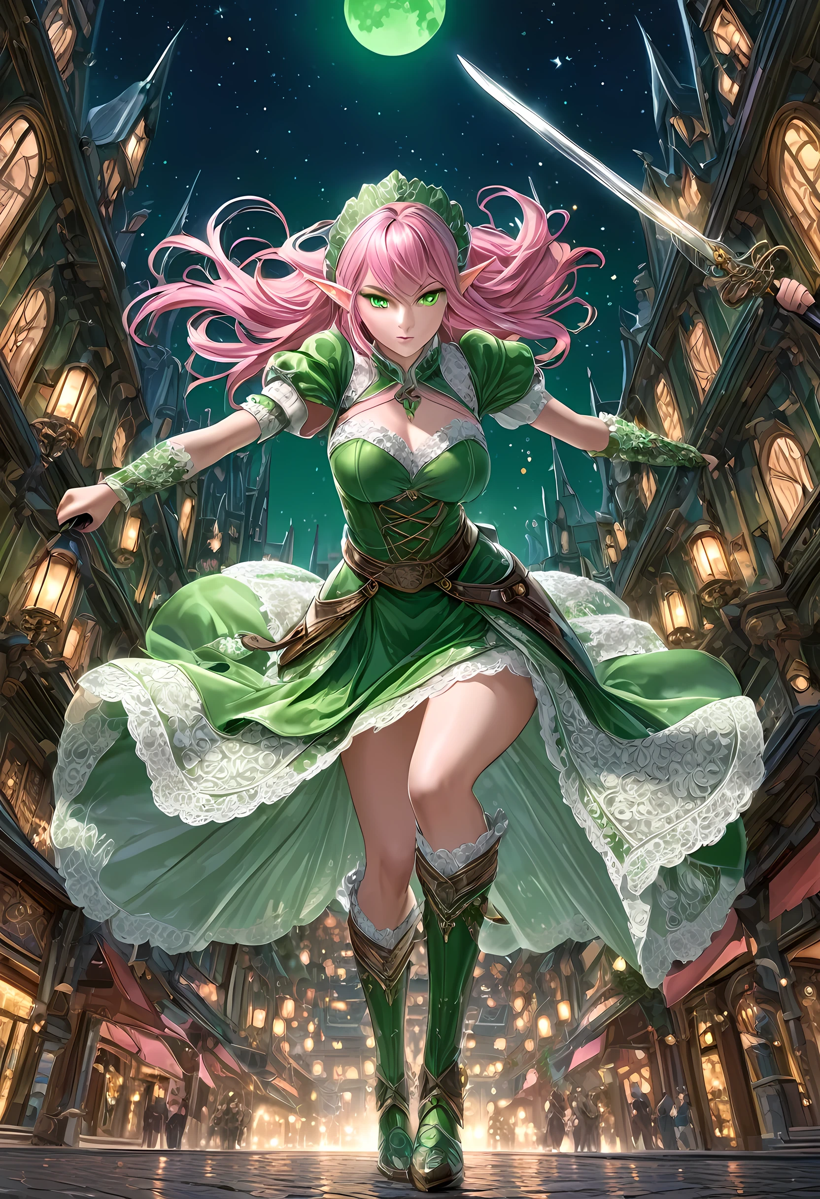 high details, best quality, 16k, [ultra detailed], masterpiece, best quality, (extremely detailed), full body, ultra wide shot, photorealistic, a picture of a female elf, in tight lace maid uniform (((masterpiece))) ready for combat wielding a sword (((masterpiece))), she has (pink: 1.5) hair in a pun, glowing (green: 1.5) eyes, she stands ready for battle in fantasy dark street of fantasy palace, its night time, the moon is high in the sky, many stars in the night, high details, best quality, highres, ultra wide angle, DonMN1gh7XL lace drawing,