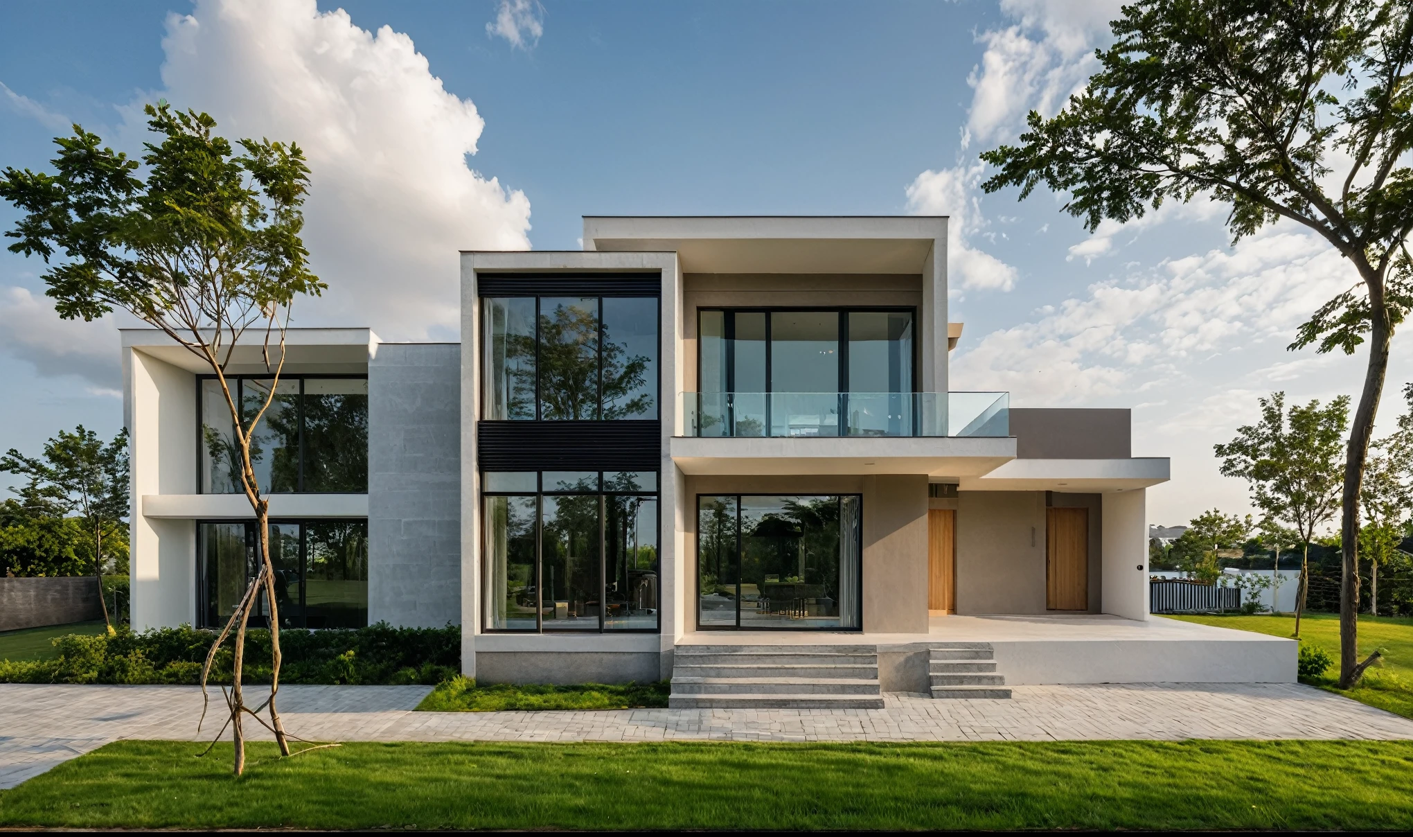 Masterpiece, high quality, best quality, authentic, super detail, outdoors, onestoreyvillaXL, aiaigroup, house style modern on the street ,stairs, white wall ,road,pavement, grass, trees, sky, cloud, (daylight:1.1)