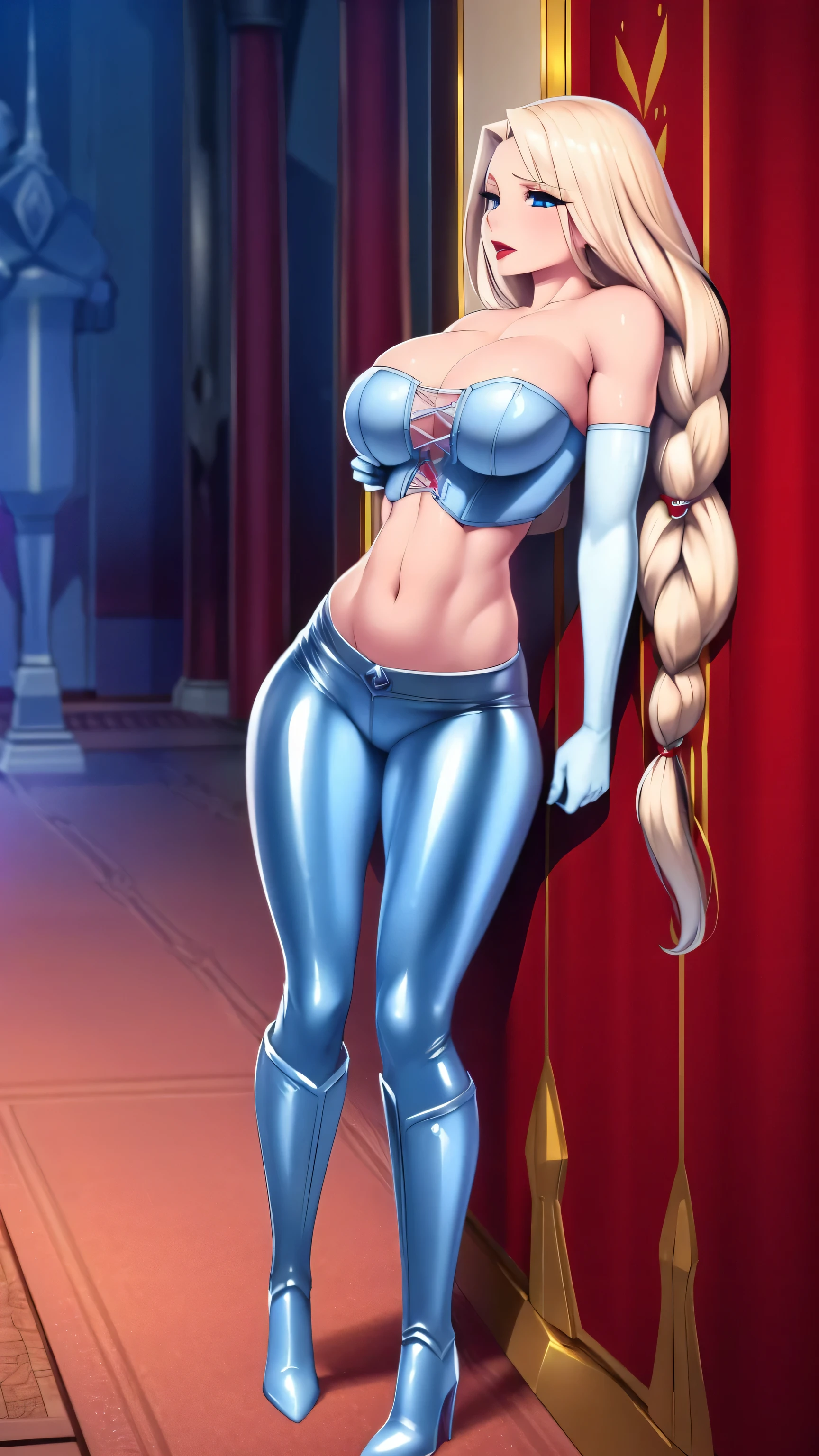 A sexy girl with a big chest, blonde hair, long braids, her blue eye, her red lip, she wears a metallic blue corset, shows her navel, and metallic blue pants, light blue boots, light blue metallic gloves. 