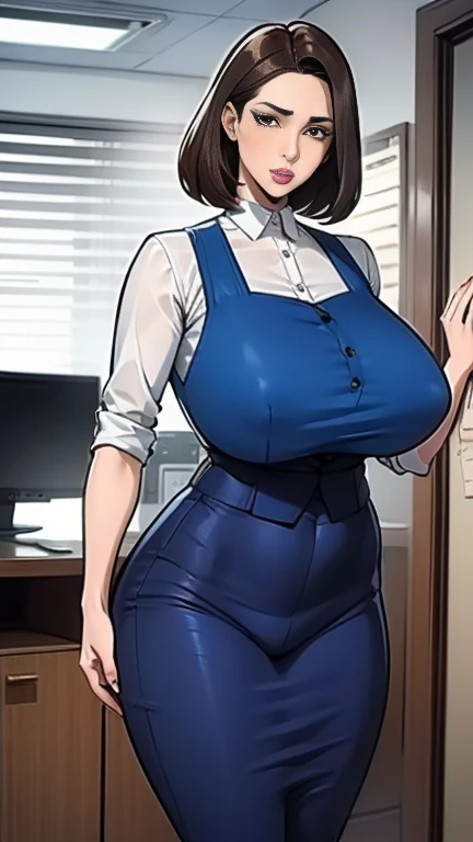 Elegant shorthair、Full body photo、45-year-old office lady、Intelligent married woman、Beautifully detailed hair、Beautiful and detailed brown eyes、beautiful flat chest、Beautiful, clear skin、Medium chest、Office worker uniform、A crew neck cut and sew shirt with a plain blue vest、Woman's wedding ring on the ring finger of her left hand、青色の膝下丈くらいのOffice worker uniformのペンシルスカート、Embarrassed face,surprise,I'm happy and embarrassed