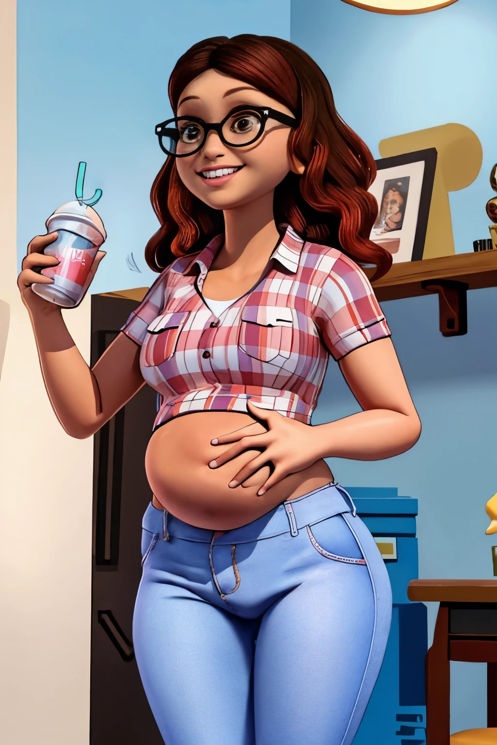 (8K, raw photo, Best quality, Masterpiece:1.2), (Intricate details), perfect eyes, Perfect face, perfect lighting, Beautiful, (Masterpiece:1.2), (Best quality:1.2), 1 girl, only, Alex, glasses, Brown eyes, happy face, Place of beauty, adult torso, plump and moving belly, Inside the stomach, you have her friends moving in her stomach belly, , Medium breasts, (jeans, red t-shirt), holding a milkshake, cowboy shot, 3dmm