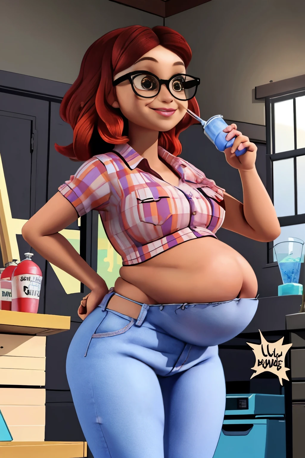 (8K, raw photo, Best quality, Masterpiece:1.2), (Intricate details), perfect eyes, Perfect face, perfect lighting, Beautiful, (Masterpiece:1.2), (Best quality:1.2), 1 girl, only, Alex, glasses, Brown eyes, happy face, Place of beauty, adult torso, plump and moving belly, Inside the stomach, you have her friends moving in her stomach belly, , Medium breasts, (jeans, red t-shirt), holding a milkshake, cowboy shot, 3dmm