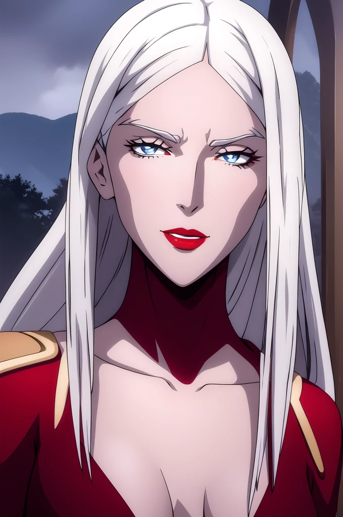 carmilla medium breasts, white hair, beautiful face, blue eyes, red lipstick, (masterpiece:1.2), best quality, absurdres, highres, extremely detailed wallpaper, perfect lighting, outdoors, grass, field, night sky,