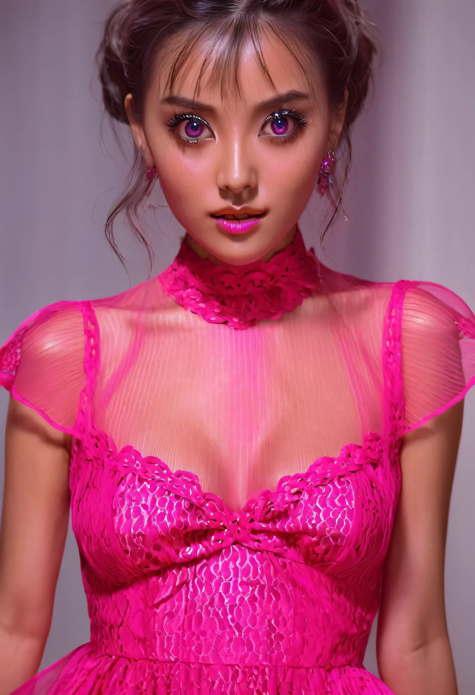 8k, masterpiece, RAW photo, best quality, photorealistic, extremely detailed CG unity 8k wallpaper, Depth of field, Cinematic Light, Lens Flare, Ray tracing, (extremely beautiful face, beautiful lips, beautiful eyes), intricate detail face, ((ultra detailed skin)) 1girl, in the dark, deep shadow, pretty korean girl, kpop idol,(very slim slender fit-muscled body:1.3), ((looking at viewer)),(big smile:1.3), (tight mini dress), (shot sleeve) , (fashion city night, (neon sign), (big building), fashion street night),(no people), (without people in the background:1.3), pretty korean girl, white diamond earrings, dia bracelets, dia necklace, pantyhose, clear eyes, walking , front shot, (pale skin), face forward, (big eyes), ((upper body shot)), ((flowing Laced:1.2)), ((hot pink color dress:1.3)), (looking at viewer:1.3), (see through)