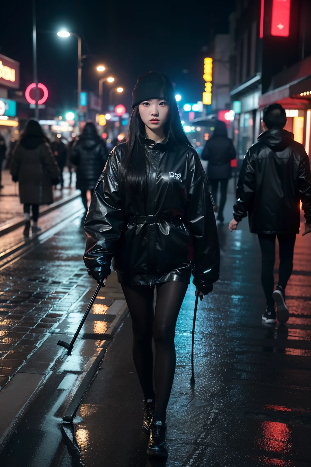 1 asian girl, realisticlying,best qualtiy,tmasterpiece,Empty rainy street,neonlight,Dark theme Unity 8k wallpaper,ultra - detailed,aesthetics,tmasterpiece,best qualtiy,realisticlying,A group of people carrying clubs approached them,The atmosphere is oppressive