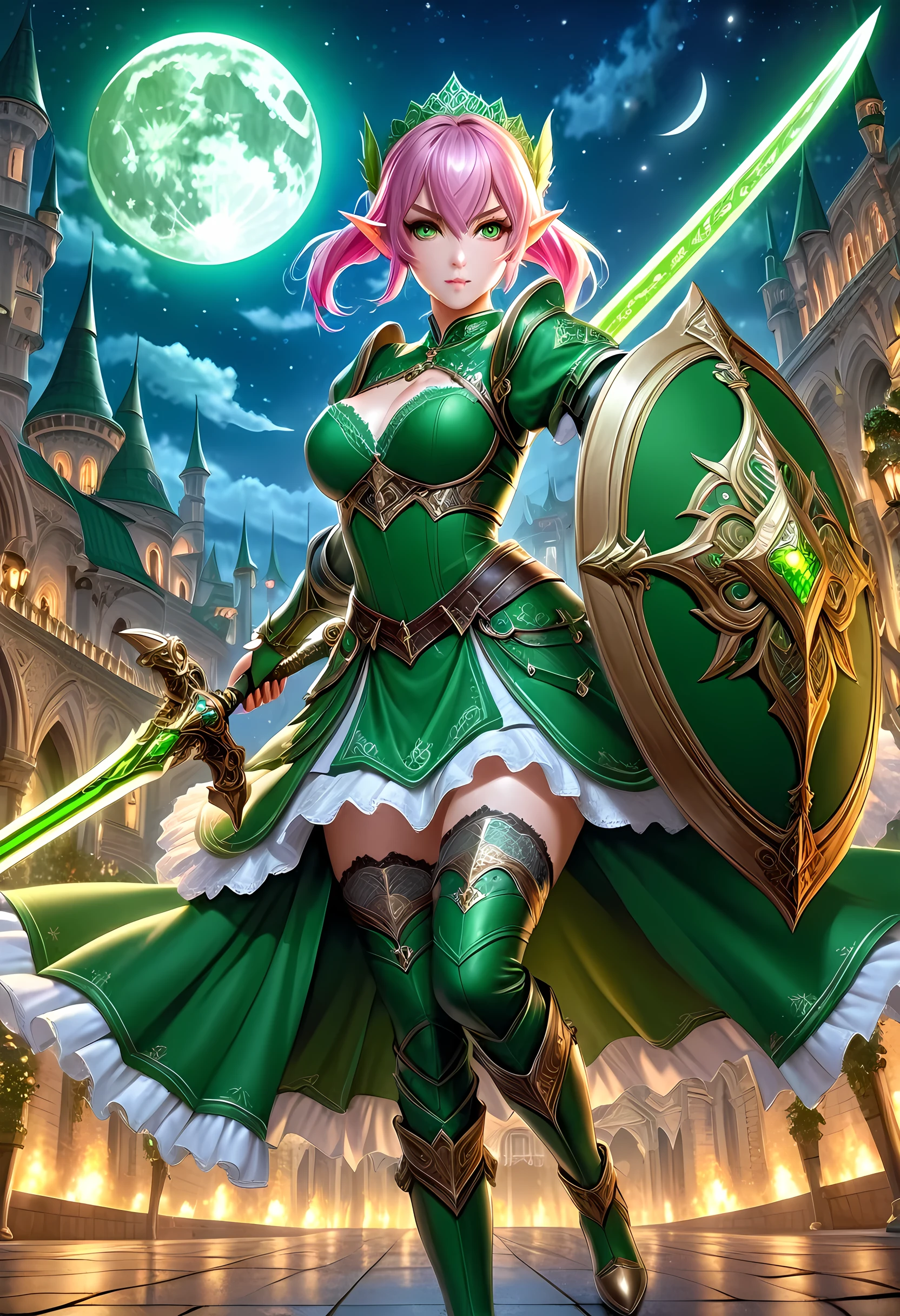 high details, best quality, 16k, [ultra detailed], masterpiece, best quality, (extremely detailed), full body, ultra wide shot, photorealistic, a picture of a female elf, in tight lace maid uniform (((masterpiece))), high heeled, leather boots, ready for combat wielding a sword (((masterpiece))), she has (pink: 1.5) hair in a bun, glowing (green: 1.5) eyes, she stands ready for battle in fantasy dark street of fantasy palace, its night time, the moon is high in the sky, many stars in the night, high details, best quality, highres, ultra wide angle, DonMN1gh7XL lace drawing,