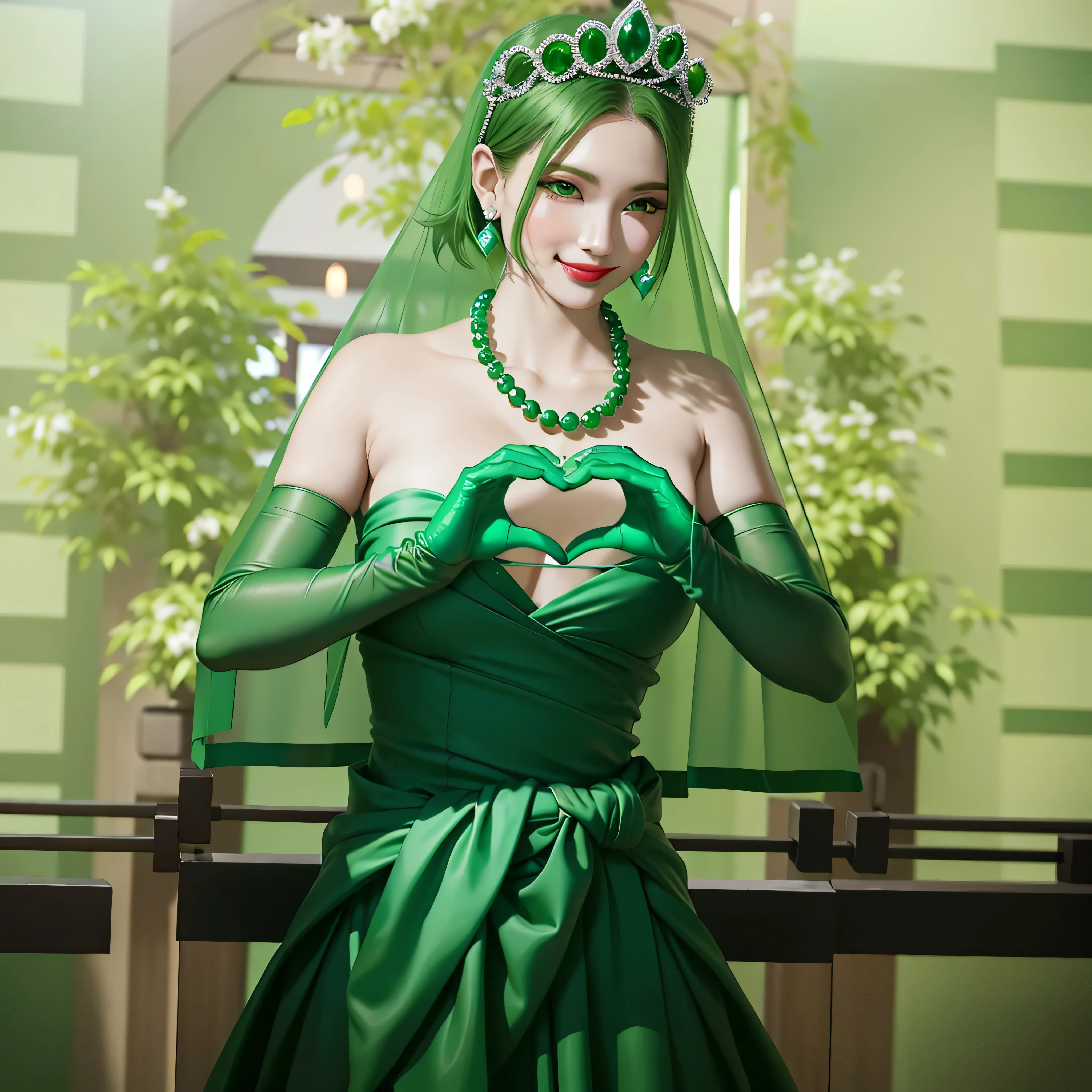 Emerald tiara, Green Pearl Necklace, Boyish very short green hair, Green Lips, Smiling Japanese woman, Very short hair, Busty beautiful lady, Green Eyes, Green satin long gloves, Green Eyes, Emerald Earrings, Green Veil, Heart with both hands, Green Hair, Beautiful Japanese Woman, Heart shaped hands:1.3, green lip gloss