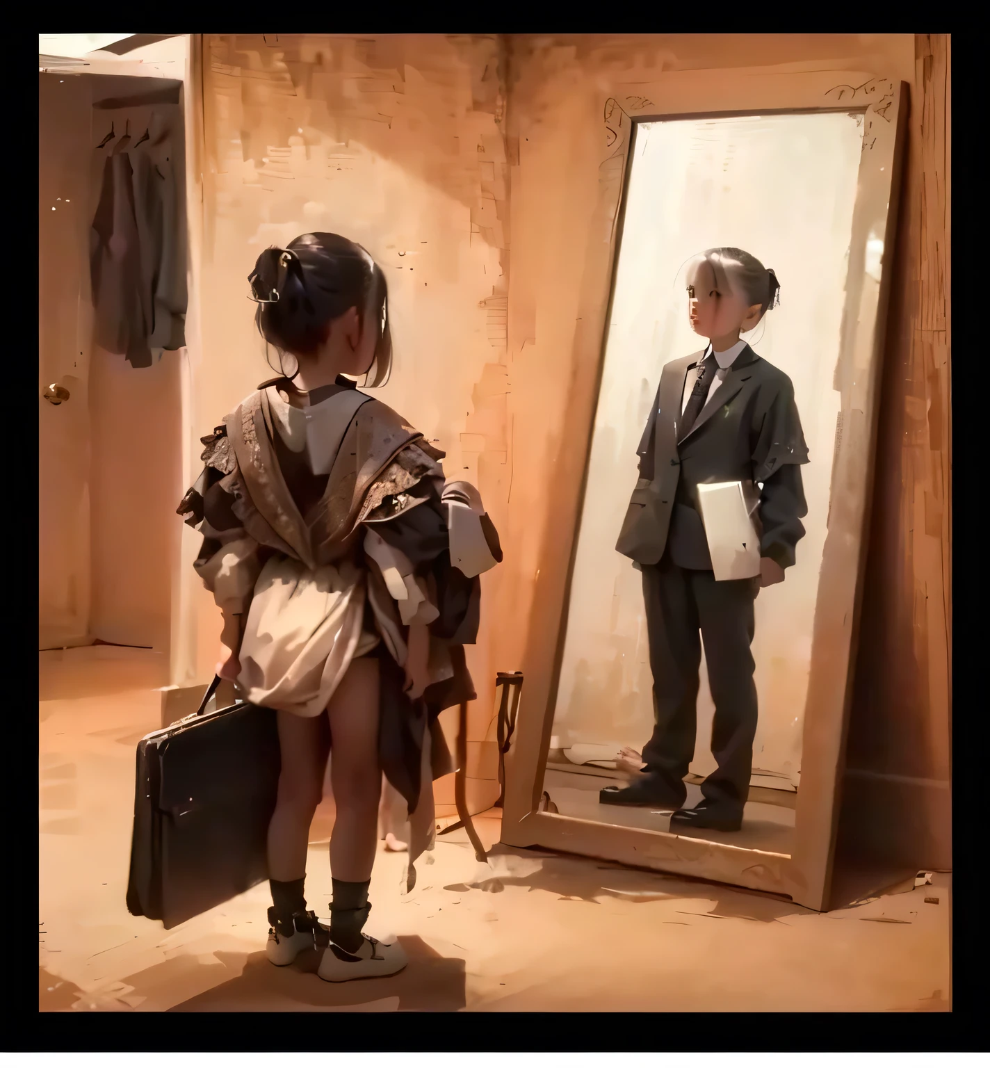 there is a small standing in front of a mirror, looking in a mirror, looking in the mirror, looking into a mirror, with a mirror, standing in front of a mirror, looking in mirror, absolutely outstanding image, thought provoking, emotional picture, powerful photo, accurate depiction, mirror reflection, beautiful image ever created, amazing professional picture, thought-provoking