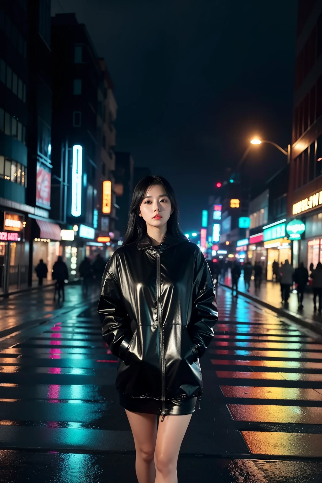 1 asian girl, realisticlying,best qualtiy,tmasterpiece,Empty rainy street,neonlight,Dark theme Unity 8k wallpaper,ultra - detailed,aesthetics,tmasterpiece,best qualtiy,realisticlying,The atmosphere is oppressive