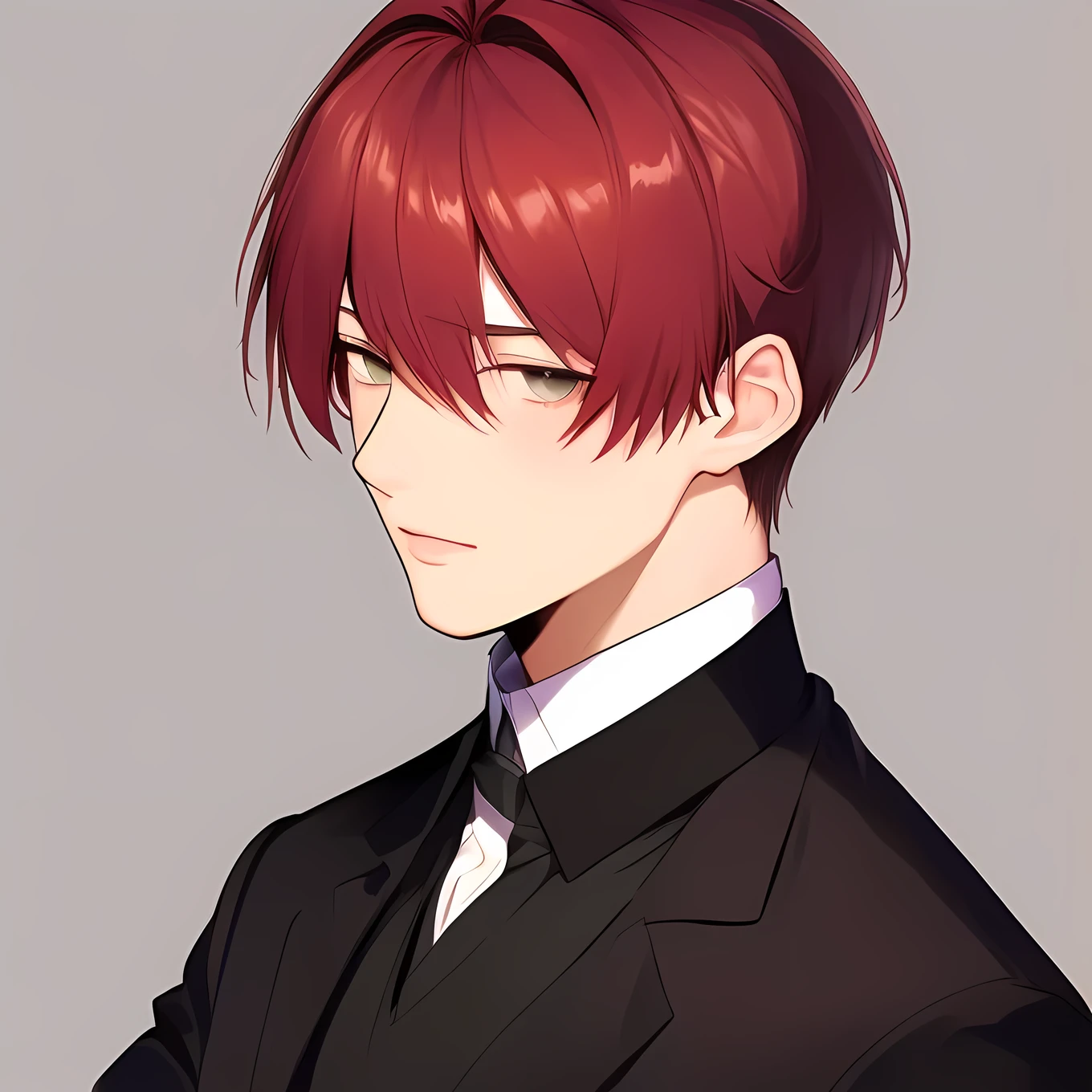 ((melhor qualidade)), (detalhado), rosto perfeito, homem bonito, alto, pele clara, olhos de cor roxa violetas, red hair that is slightly long at the back at shoulder length, usando terno preto e gravata vermelha, businessperson, otome, apaixonado, dentro de uma empresa de perfumes.