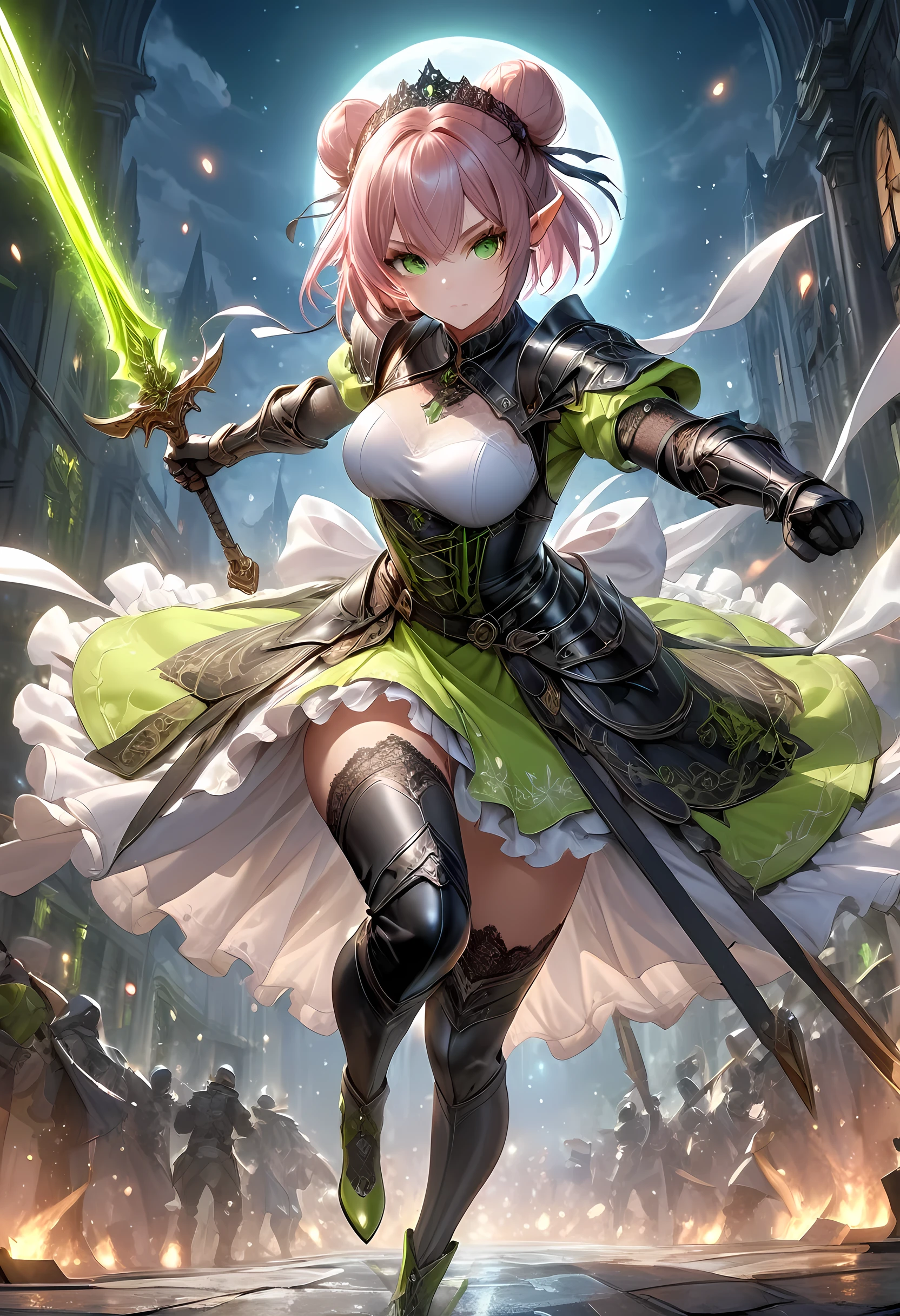 high details, best quality, 16k, [ultra detailed], masterpiece, best quality, (extremely detailed), full body, ultra wide shot, photorealistic, a picture of a female elf, in tight lace maid uniform (((masterpiece))), high heeled, leather boots, ready for combat wielding a sword (((masterpiece))), she has (pink: 1.5) hair in a bun, glowing (green: 1.5) eyes, she stands ready for battle in fantasy dark street of fantasy palace, its night time, the moon is high in the sky, many stars in the night, high details, best quality, highres, ultra wide angle, DonMN1gh7XL lace drawing,