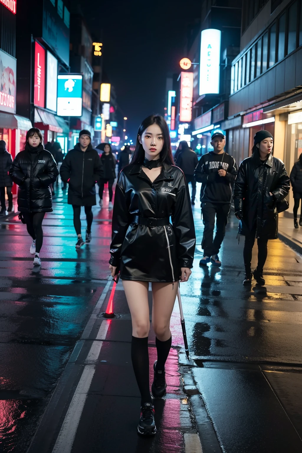 1 asian girl, realisticlying，best qualtiy，tmasterpiece，Empty rainy street，neonlight,Dark theme Unity 8k wallpaper，ultra - detailed，aesthetics，tmasterpiece，best qualtiy，realisticlying,A group of people carrying clubs approached them，The atmosphere is oppressive