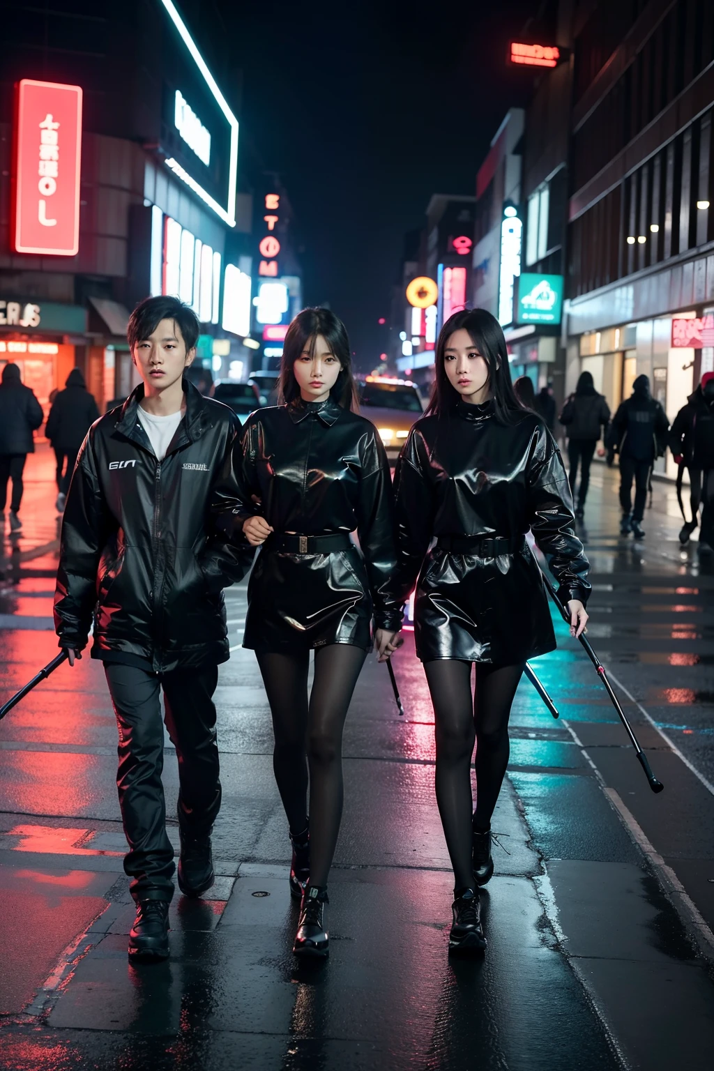 1 asian girl, realisticlying,best qualtiy,tmasterpiece,Empty rainy street,neonlight,Dark theme Unity 8k wallpaper,ultra - detailed,aesthetics,tmasterpiece,best qualtiy,realisticlying,A group of people carrying clubs approached them,The atmosphere is oppressive
