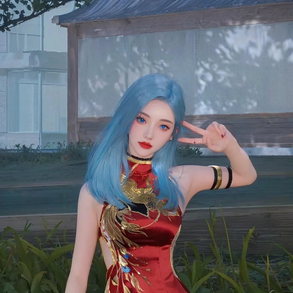there is a woman with blue hair and a red dress posing, realistic