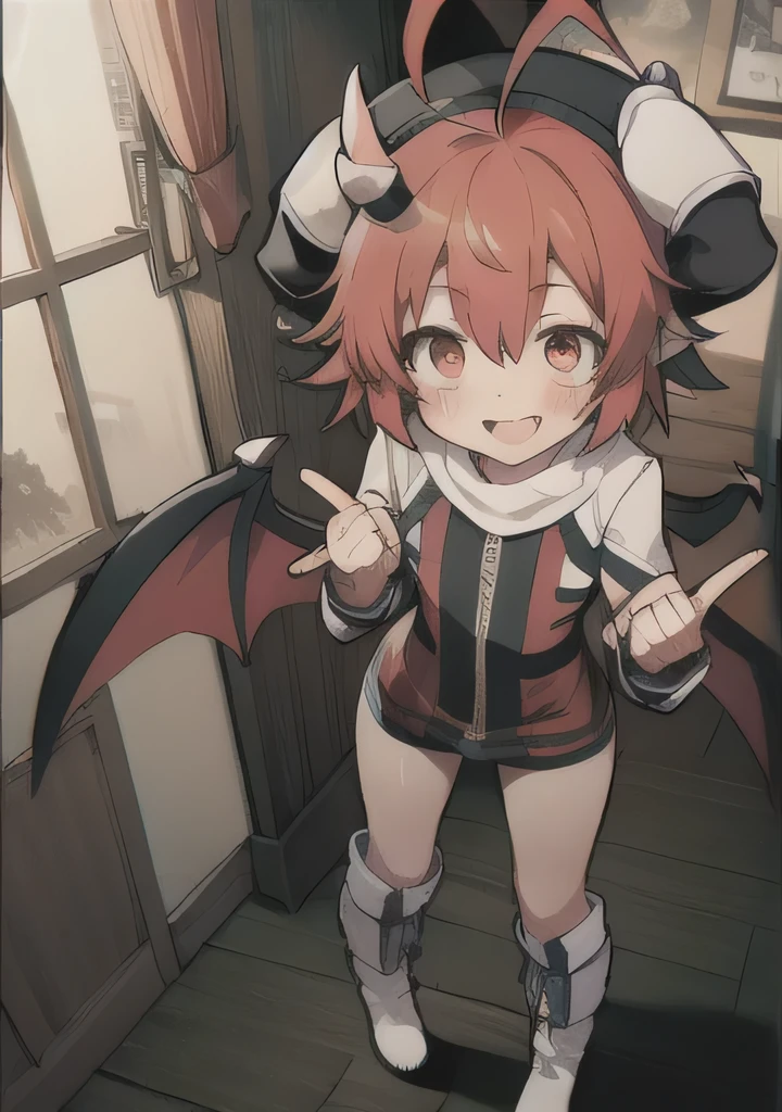 8K, 1girl, it, teeawaii vampire, red hair, red eyes, bat wings, smile, (blush), (shy), fang, boots, looking at viewer, bedroom, dynamic angle, wind, (movie poster), game cg, fantastic scenery, tail, black horns, futanari, dick, otokonoko, errection, shemale, transsexual, hermaphrodite, ass, bulge, underwear