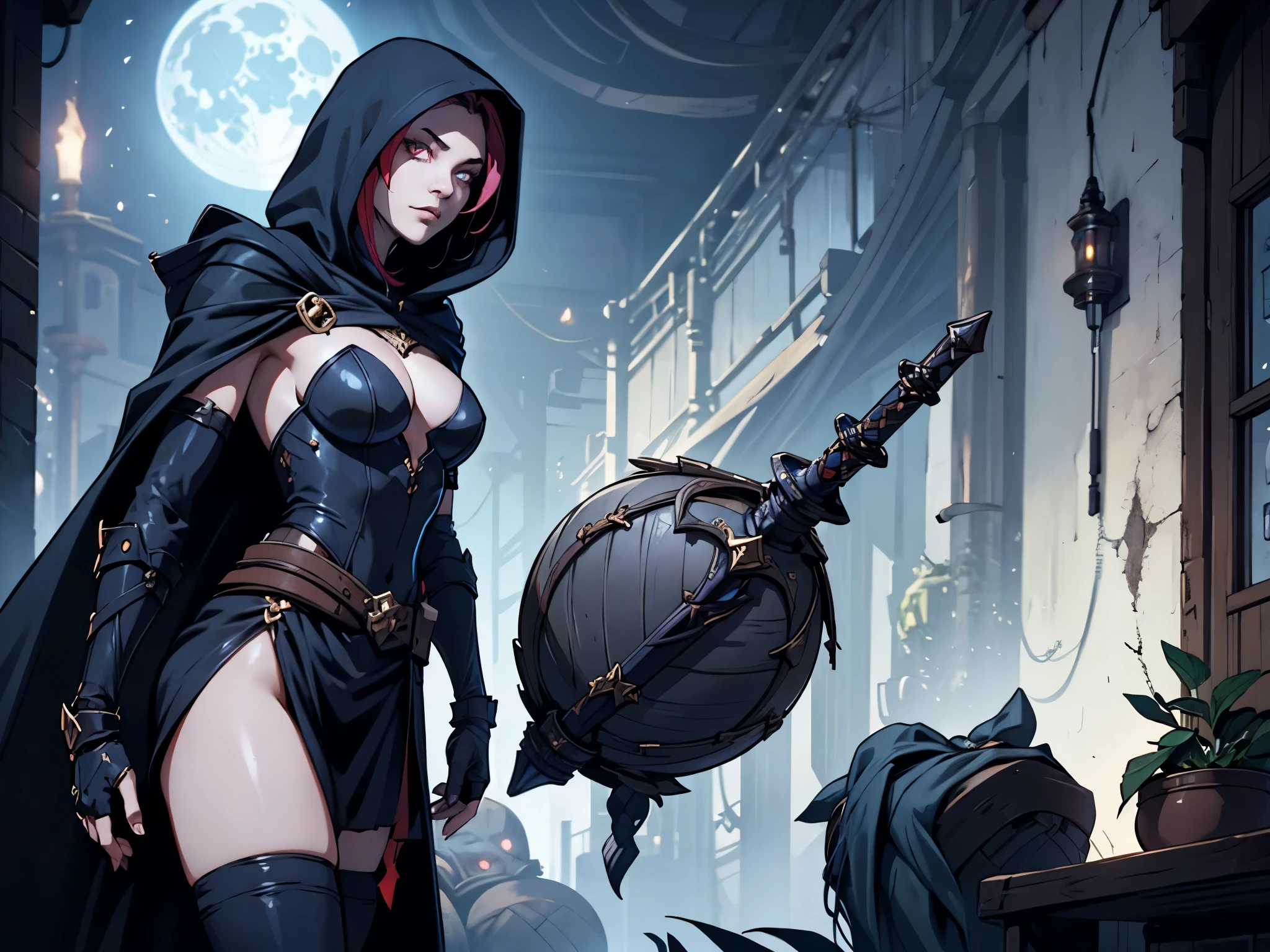 score_9, score_8_up, score_7_up, 1girl, monster girl, scales, ninja girl, hooded, long hair, in a dark corridor, dim light, cloak, fingerless gloves, fantasy, tail, shadow magic, beautiful eyes, glowing eyes, , skinny, blood moon, shoulder armor, holding a sword, Concept Art, expressiveh,