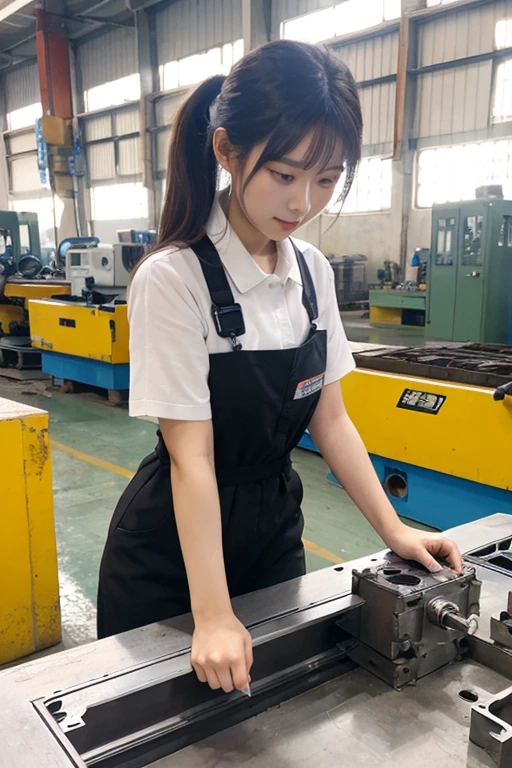 1 korean girl, A female worker operates an old hydraulic injection molding machine to derive molding conditions.