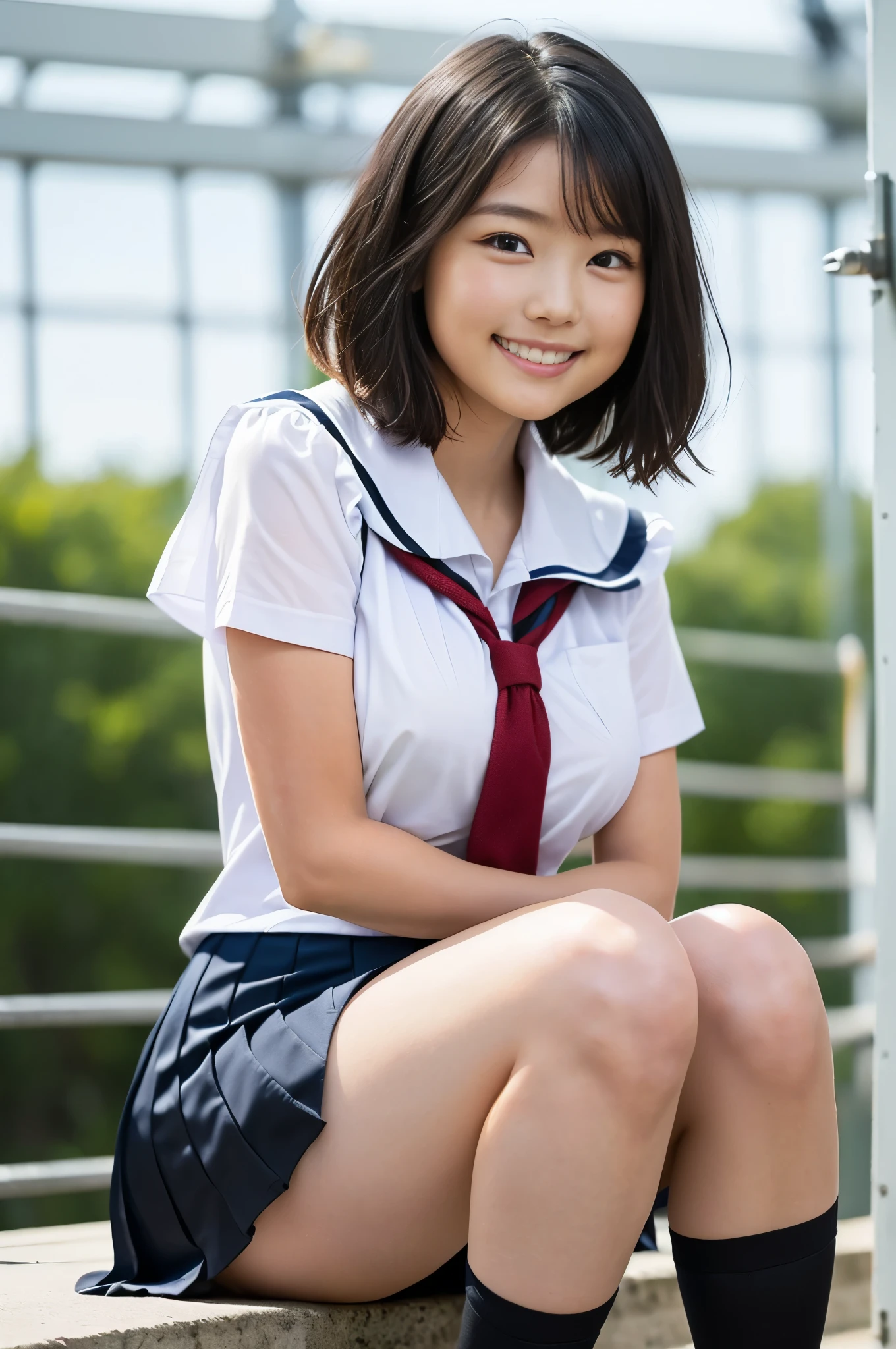 （8k、Raw photography、highest quality、masterpiece：1.2),(Black-haired、Very short hair:1.8),(:1.3)、View your audience,Viewed from the front,White skin,(High school girls、school uniform:1.6)、(Tight waist:1.6)、(Clothes that accentuate the shape of the breasts:1.0)、(Big Breasts :1.3)、Slim figure、Ultra-high resolution,beautiful,beautiful fece,(one person、No background:1.9),whole bodyボディー,Japanese women,（reality的：1.37）、Photon Mapping,reality、(Baby-faced and cute: 1.4)、(Cute Smile: 1.8)、(Round face: 1.8)、Radio City、Physically Based Rendering、Depth of field rally background、photograph, (I can see your knees、Thigh close-up:1.8),（:1.4）,whole body、Great quality