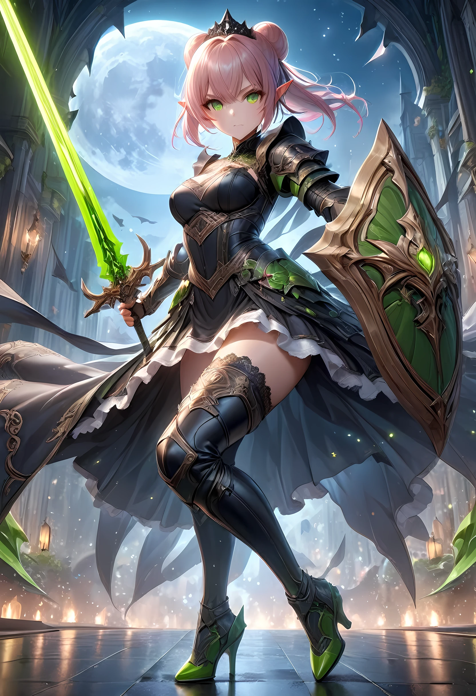 high details, best quality, 16k, [ultra detailed], masterpiece, best quality, (extremely detailed), full body, ultra wide shot, photorealistic, a picture of a female elf, in tight lace maid uniform (((masterpiece))), high heeled, leather boots, ready for combat wielding a sword (((masterpiece))), she has (pink: 1.5) hair in a bun, glowing (green: 1.5) eyes, she stands ready for battle in fantasy dark street of fantasy palace, its night time, the moon is high in the sky, many stars in the night, high details, best quality, highres, ultra wide angle, cybrk