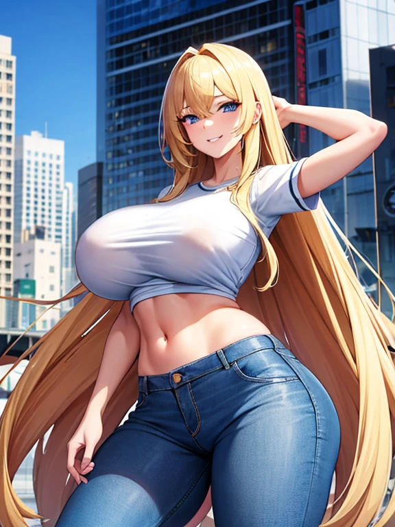 Girl, blond and long and straight hair. Highly detailed, 8k wallpaper, blue eyes, big breasts, huge breasts, smile, thight white t-shirt, thight jeans panties, breasts visible, hot and sexy pose, standing in a streat in a hightech city, skycraper on the background, big ass