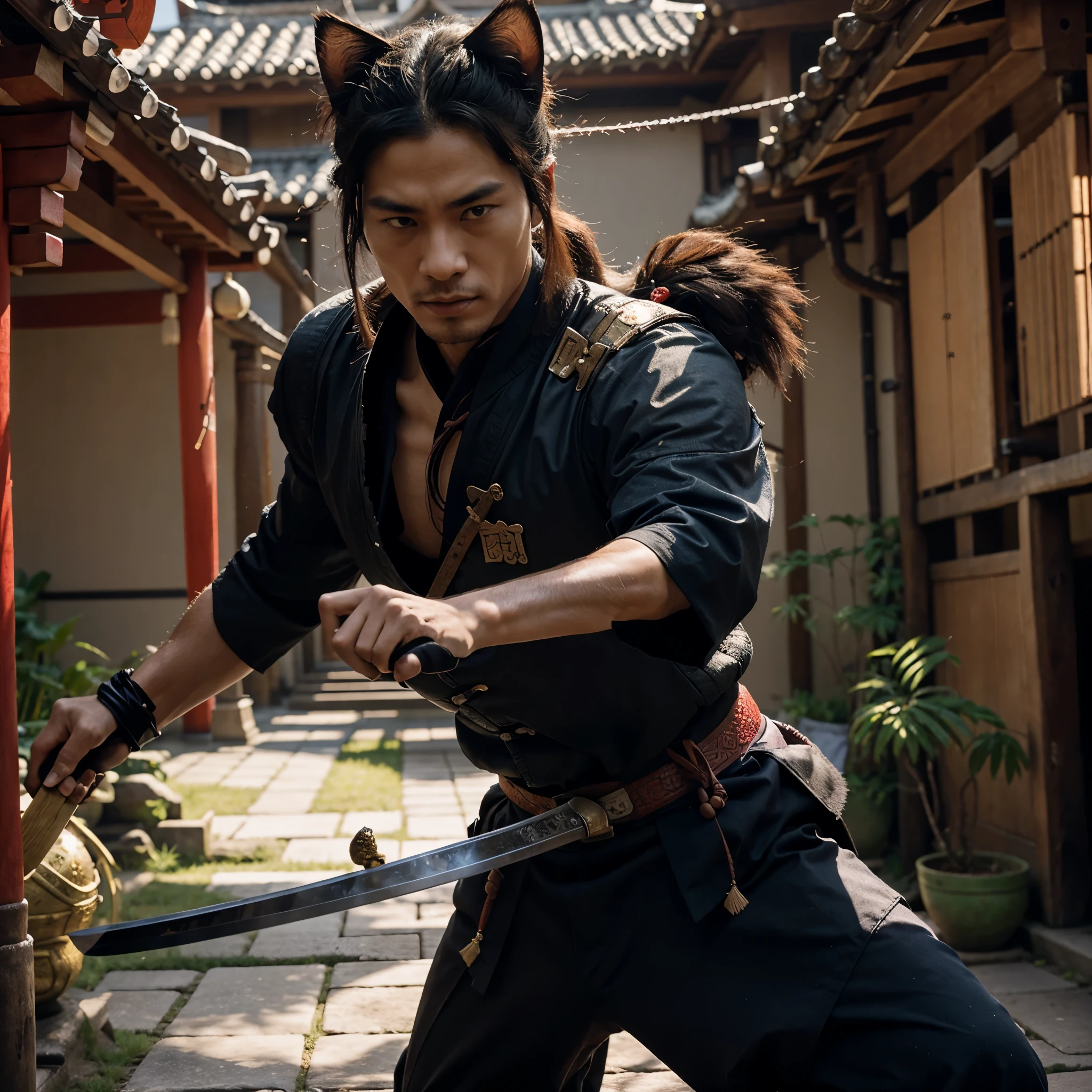 A samurai with the biology of a cat, in a Chinese setting, holding his sword