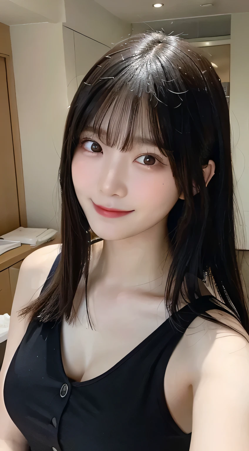 (highest quality,masterpiece:1.3,超A high resolution,),(Ultra-detailed,Caustics),(Photorealistic:1.4,RAW shooting,)Ultra-Realistic Capture,Very detailed,High resolution 16K human skin closeup。 The skin texture is natural、,Pores、It must be detailed enough to be easily identifiable.。 Skin should look healthy and have an even tone。 Use natural light and color,1 girl,Japanese,18-year-old,cute,Black-haired,Mid-length hair,(Large :1.2),smile,Turn your body forward,(View from the front:1.2),Looking into the camera, up shot:1.1,focused on the :1.1, close-up:1.1,pajamas