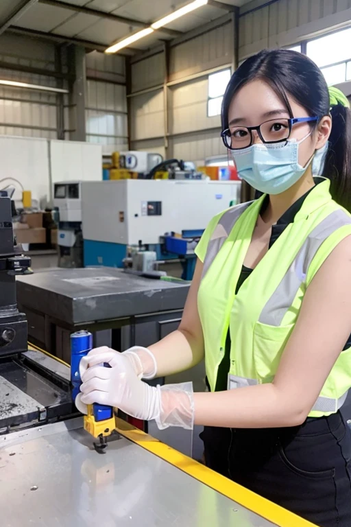 1 korean girl, gloves、Safety Protective Glasses、A female worker operates an old hydraulic injection molding machine to derive molding conditions.