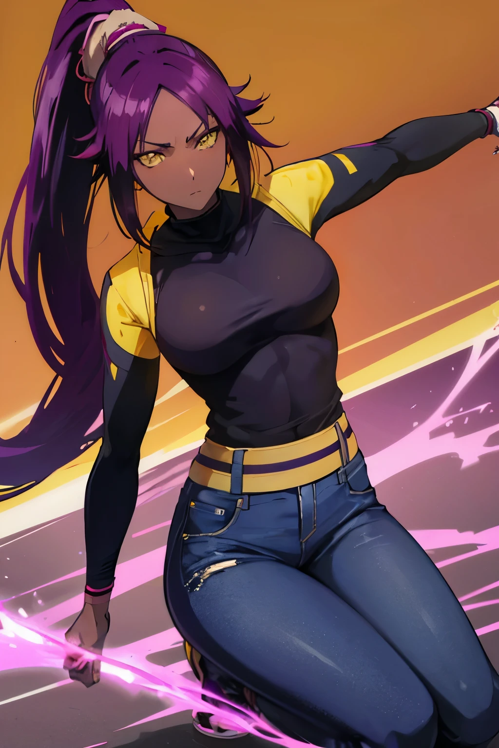 yoruichi shihouin, long hair, (yellow eyes:1.5), ponytail, purple hair, dark skin, dark-skinned female, purple hoodies, jeans pants