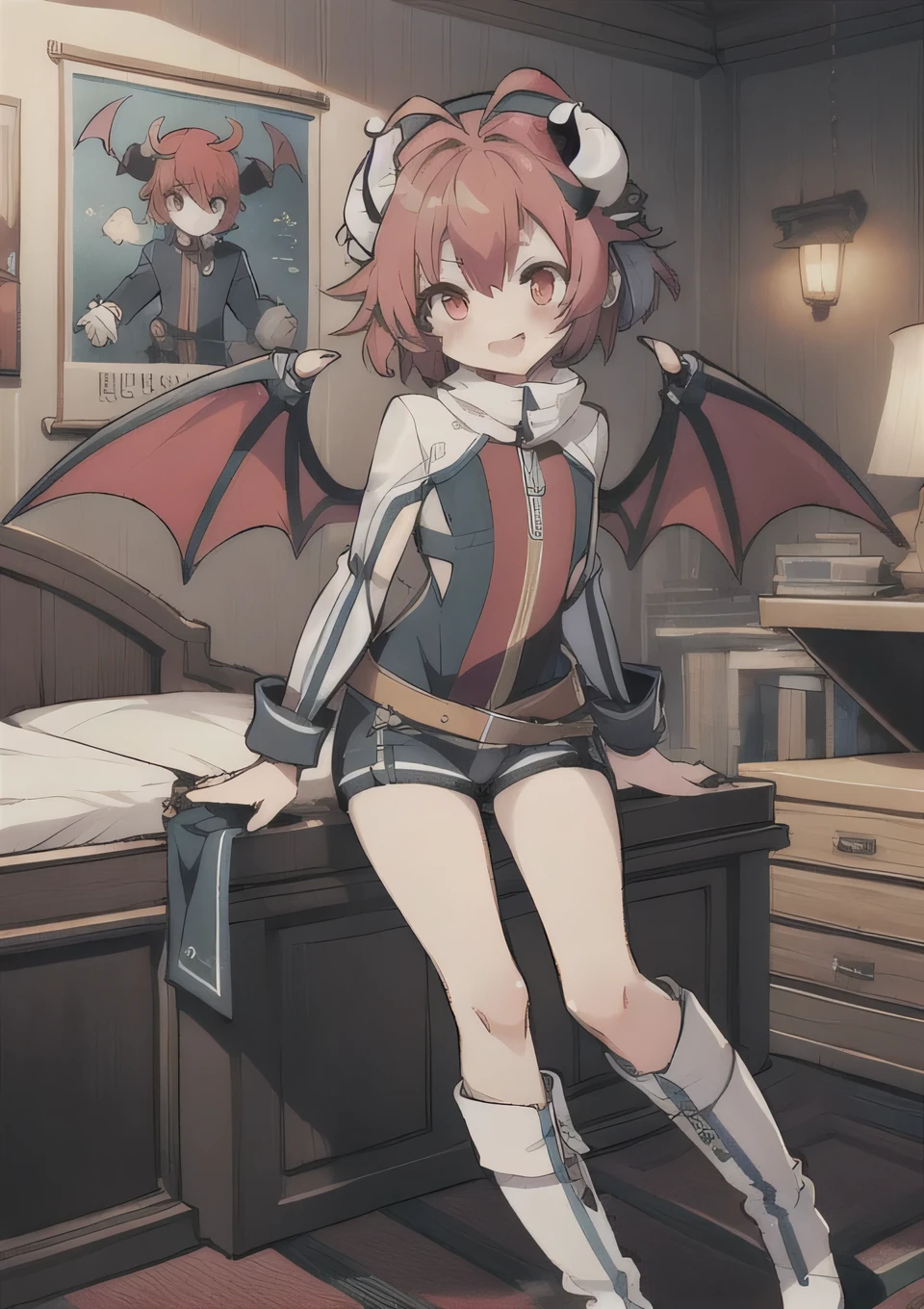 8K, 1girl, it, teeawaii vampire, red hair, red eyes, bat wings, smile, (blush), (shy), fang, boots, looking at viewer, bedroom, dynamic angle, wind, (movie poster), game cg, fantastic scenery, tail, black horns, futanari, dick, otokonoko, errection, shemale, transsexual, hermaphrodite, bulge, underwear