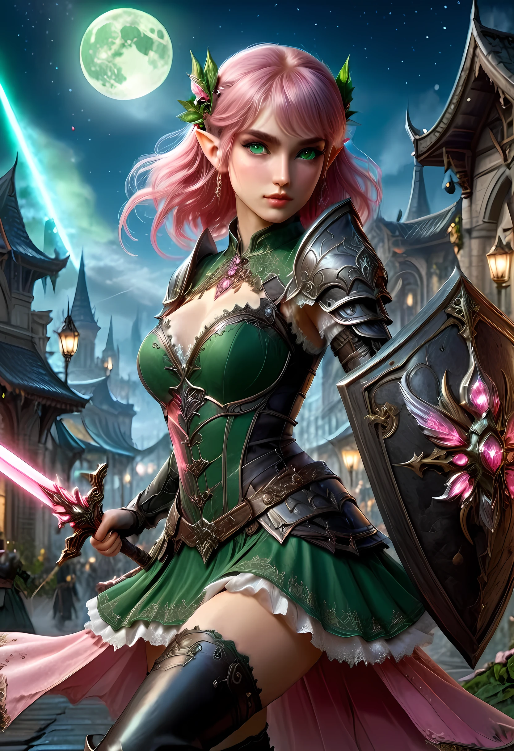 modisn disney, high details, best quality, 16k, [ultra detailed], masterpiece, best quality, (extremely detailed), full body, ultra wide shot, photorealistic, a picture of a female elf, in tight lace maid uniform (((masterpiece))), high heeled, leather boots, ready for combat wielding a sword (((masterpiece))), she has (pink: 1.5) hair in a bun, glowing (green: 1.5) eyes, she stands ready for battle in fantasy dark street of fantasy palace, its night time, the moon is high in the sky, many stars in the night, high details, best quality, highres, ultra wide angle, DonMN1gh7XL lace drawing,