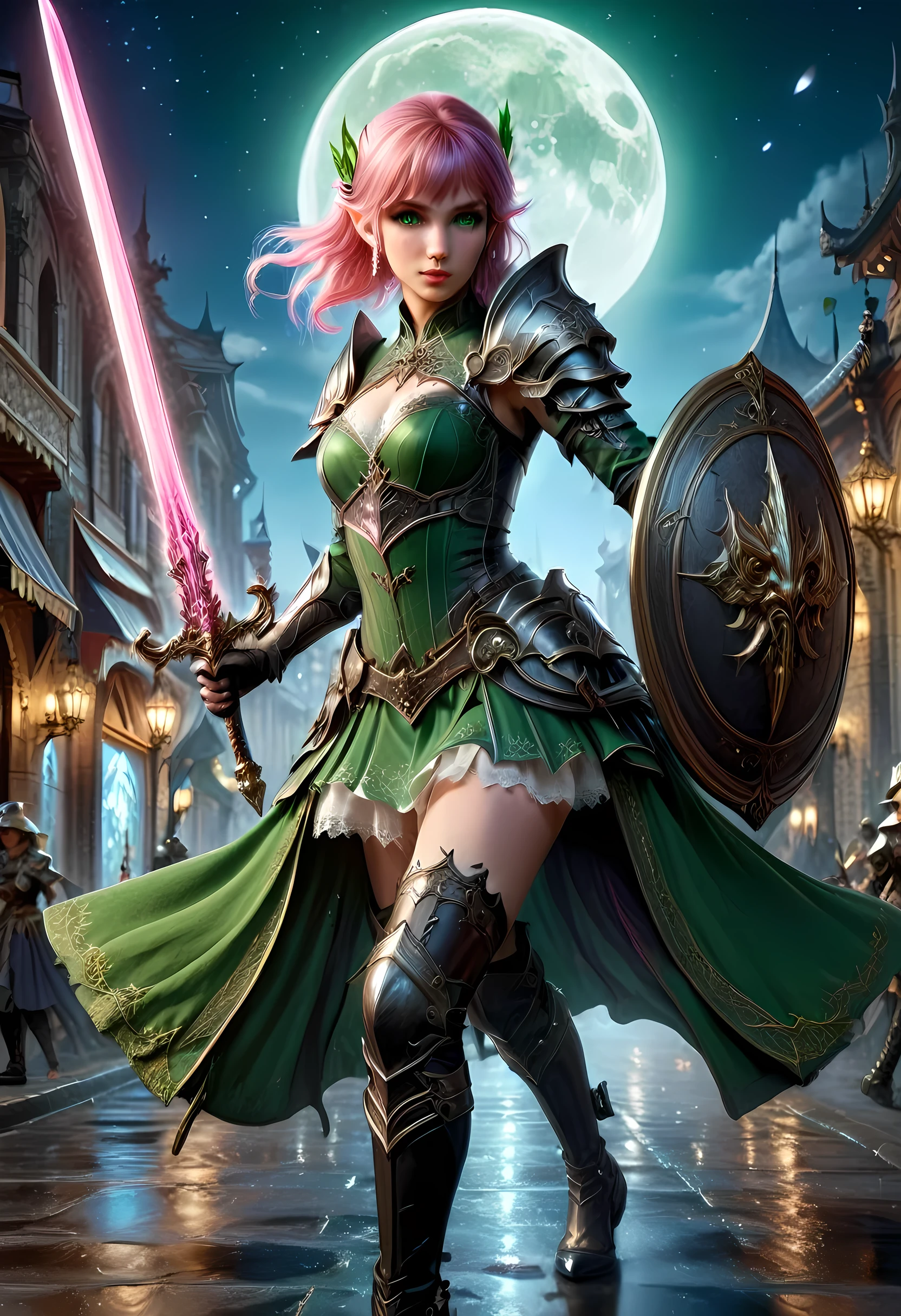 high details, best quality, 16k, [ultra detailed], masterpiece, best quality, (extremely detailed), full body, ultra wide shot, photorealistic, a picture of a female elf, in tight lace maid uniform (((masterpiece))), high heeled, leather boots, ready for combat wielding a sword (((masterpiece))), she has (pink: 1.5) hair in a bun, glowing (green: 1.5) eyes, she stands ready for battle in fantasy dark street of fantasy palace, its night time, the moon is high in the sky, many stars in the night, high details, best quality, highres, ultra wide angle, cybrk