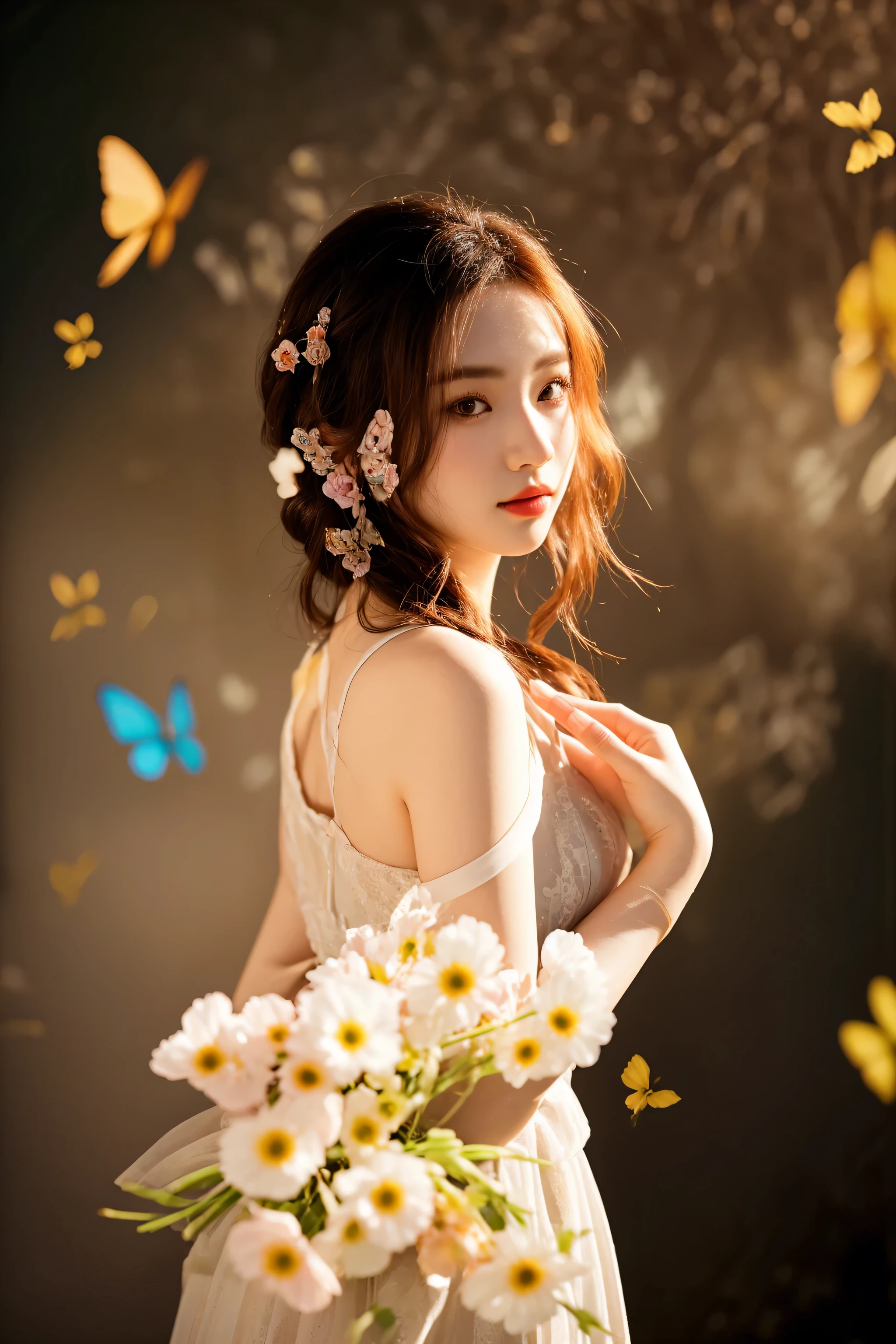 there is a woman in a dress holding a bouquet of flowers, beautiful young korean woman, gorgeous young korean woman, beautiful south korean woman, photo taken with nikon d750, photo taken with nikon d 7 5 0, with flowers, 8k artgerm bokeh, ethereal beauty, 8k artistic portrait photography, portrait shot, korean artist