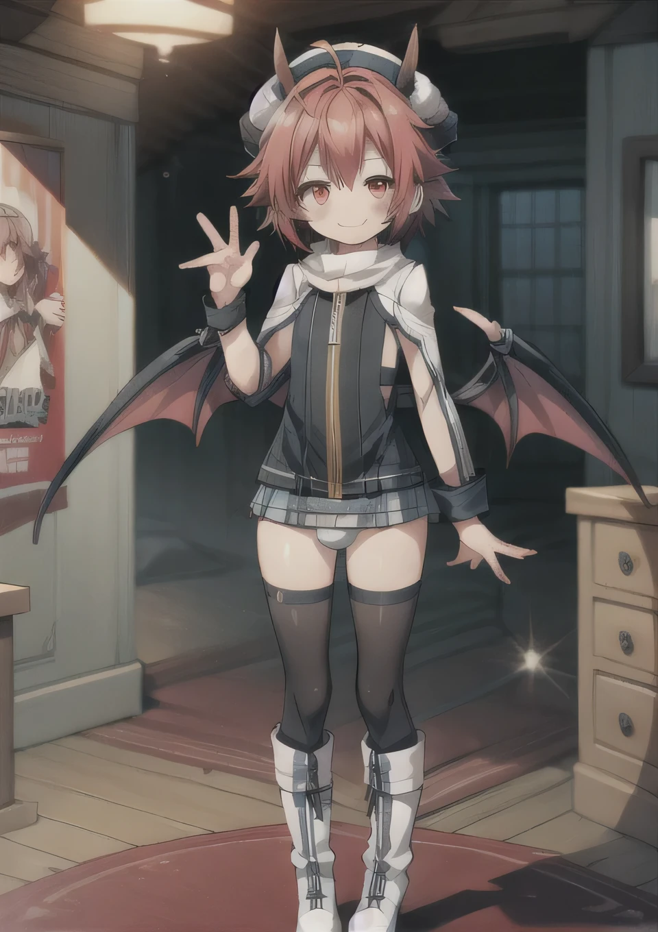 8K, 1girl, petit, teen, kawaii vampire, red hair, red eyes, bat wings, smile, (blush), (shy), fang, boots, looking at viewer, bedroom, dynamic angle, wind, (movie poster), game cg, fantastic scenery, tail, black horns, futanari, dick, otokonoko, errection, shemale, transsexual, hermaphrodite, bulge, underwear 