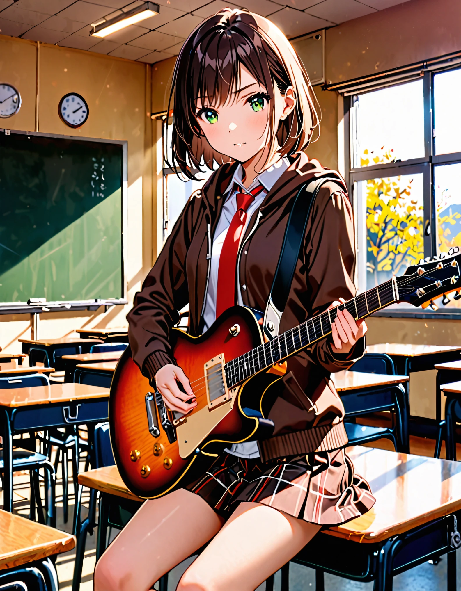 1girl, high school student, dark brown hoodie jacket, white shirt, red ribbon bow necktie, pleaded skirt, miniskirt, bare legs, black socks, brown shoes, jet black hair, short hair, green eyes, beautiful detailed eyes, beautiful detailed face, cute face, medium breasts, -18, solo, solo focus, (playing guitar, electric guitar), classroom backdrop, warm lighting, empty classroom