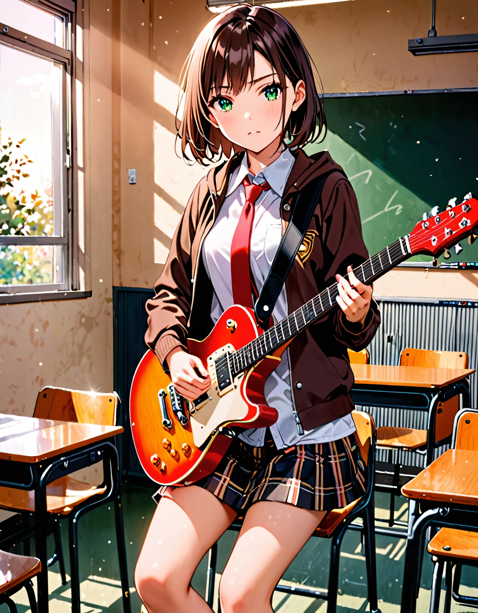 1girl, high school student, dark brown hoodie jacket, white shirt, red ribbon bow necktie, pleaded skirt, miniskirt, bare legs, black socks, brown shoes, jet black hair, short hair, green eyes, beautiful detailed eyes, beautiful detailed face, cute face, medium breasts, -18, solo, solo focus, (playing guitar, electric guitar), classroom backdrop, warm lighting, empty classroom