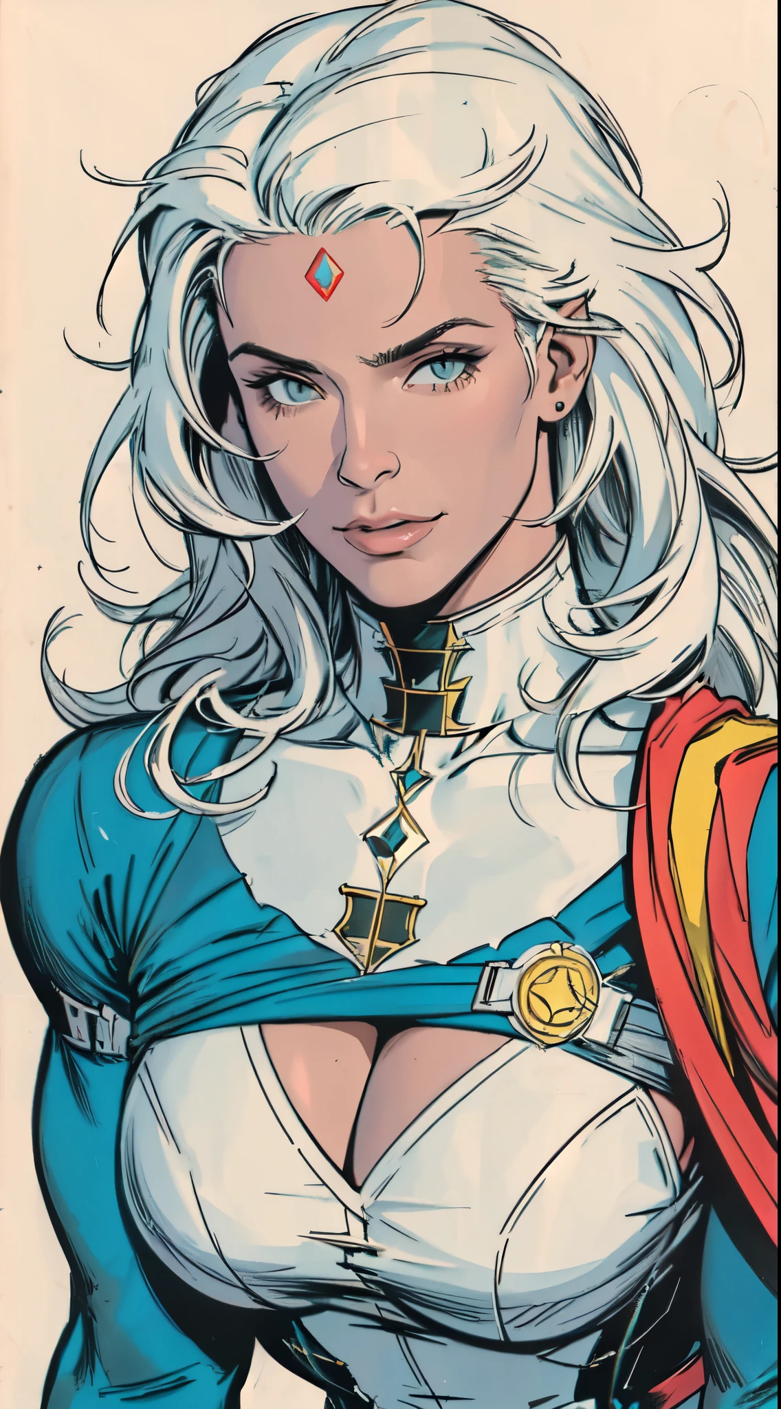 Obra de arte,mulher extremamente bonita,excelente sentido,decote,(((fundo muito branco perfeito))),Quadrinhos americanos,(((A Mulher Perfeita))),speech bubble,mais forte,(((Uma pessoa))),Colorida,rainbow color,parte superior do corpo altamente detalhada,aumento dos seios,linhas,rosto altamente detalhado,meio a meio,