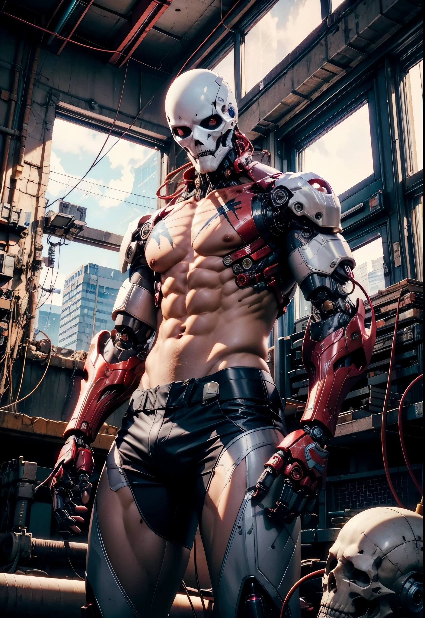 1boy, movie still, (a shirtless slender latin man with robotic arms and legs), (tan skin and tattoos), cyberpunk, wiring, sparks, repair shop, dutch angle, abs, pecs, (giant window looking out onto a nebula:1.1), 