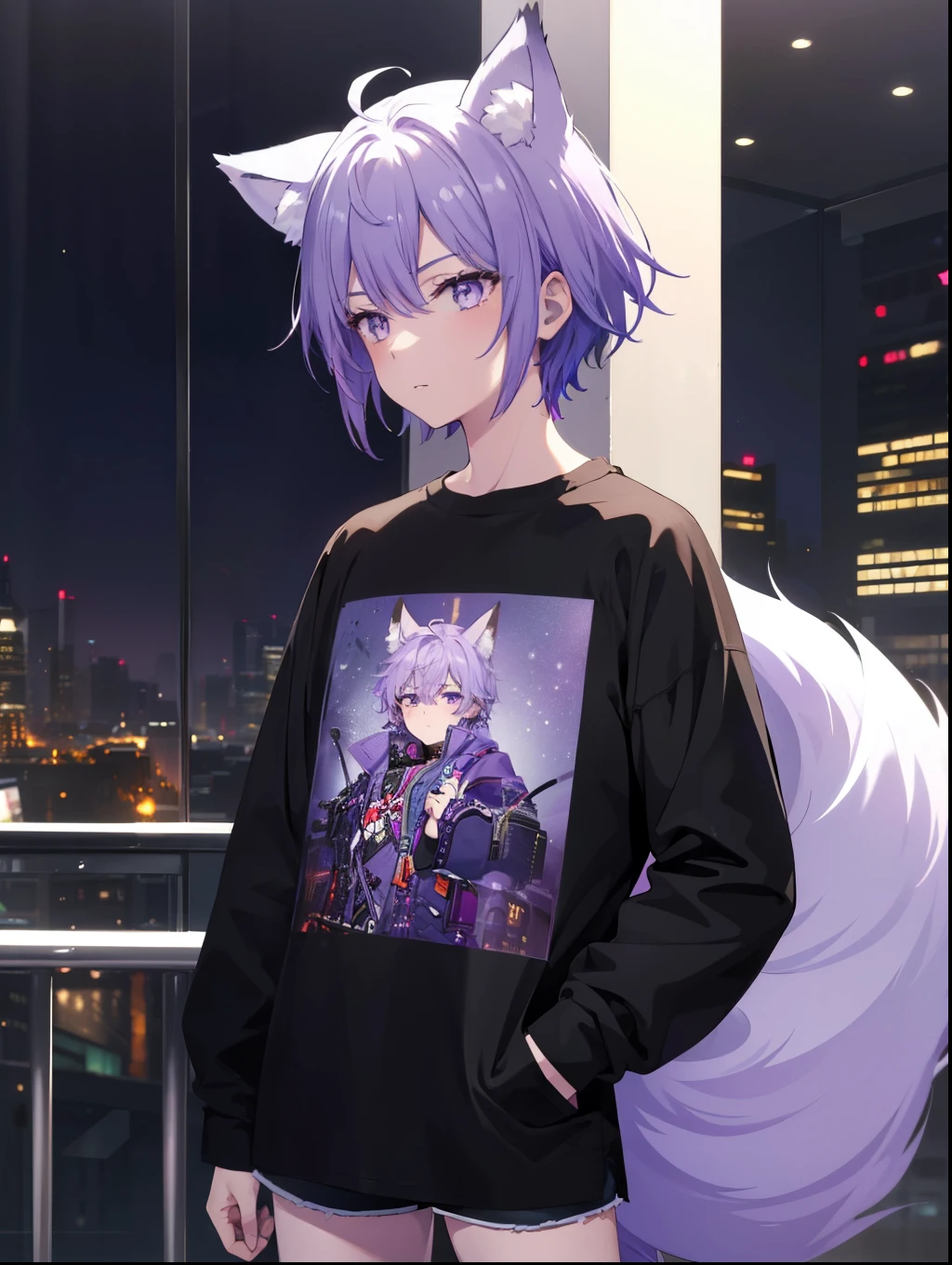 Masterpiece, best quality, very detailed, illustration, 1 boy, alone, purple hair, purple eyes,Wear a long-sleeved black t-shirt.,shorts,fox ears and tail,city of lights