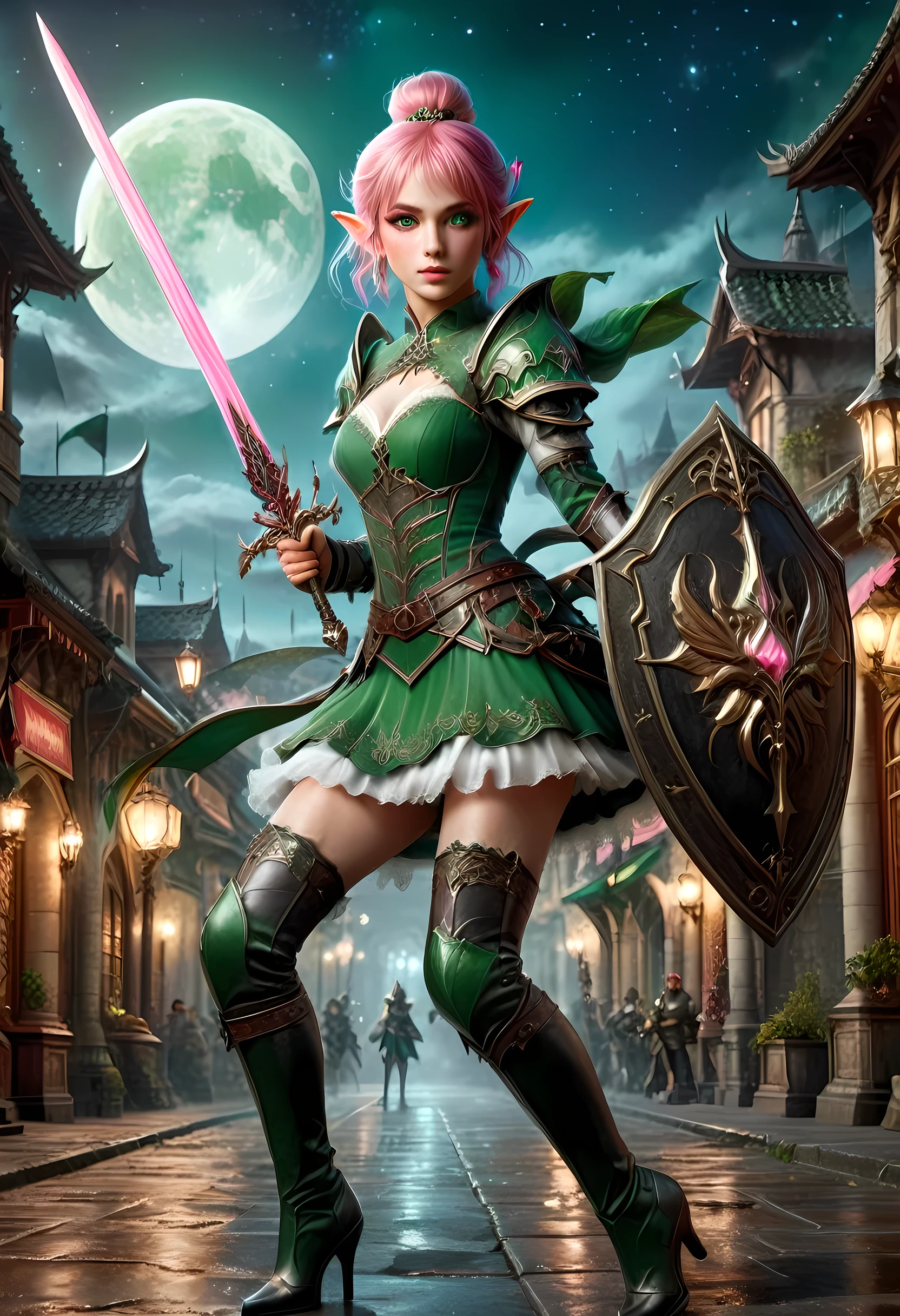 high details, best quality, 16k, [ultra detailed], masterpiece, best quality, (extremely detailed), full body, ultra wide shot, photorealistic, a picture of a female elf, in tight lace maid uniform (((masterpiece))), high heeled, leather boots, ready for combat wielding a sword (((masterpiece))), she has (pink: 1.5) hair in a bun, glowing (green: 1.5) eyes, she stands ready for battle in fantasy dark street of fantasy palace, its night time, the moon is high in the sky, many stars in the night, high details, best quality, highres, ultra wide angle, cybrk