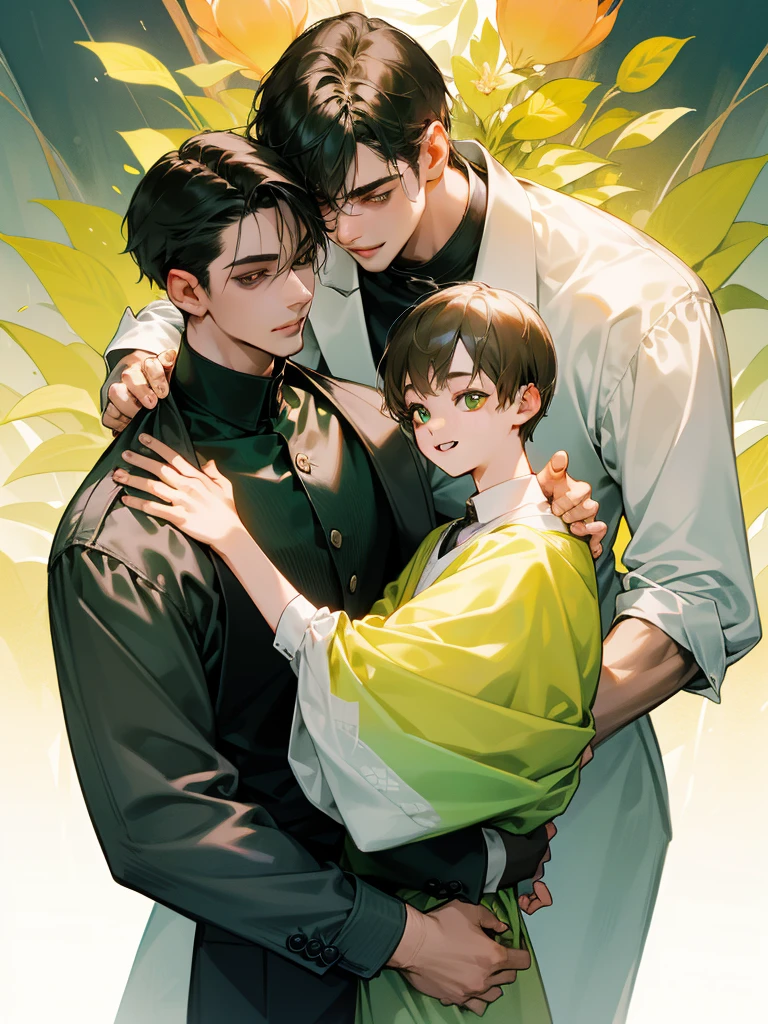 (((photographic, photo, photogenic))), extremely high quality high detail RAW color photo, watercolor, , high quality, detailed,
young man , 4K UHD, super detail, best quality, detailed eyes, masterpiece, 2 young men who smiles at each other with a love atmosphere ,one of them is 21years old and has a white straight short hair and green beautifull eyes this men smiles a sweet smile with quiet expression and beautiful smile and he wears a cute outfit,the second men is taller than the previous one and he is 27year and this men has acblack semi long haircut and yellow eyes and has a quiet expression face and he has a sharp eyes and wears a black clothes,high resolutions ,two couples in love